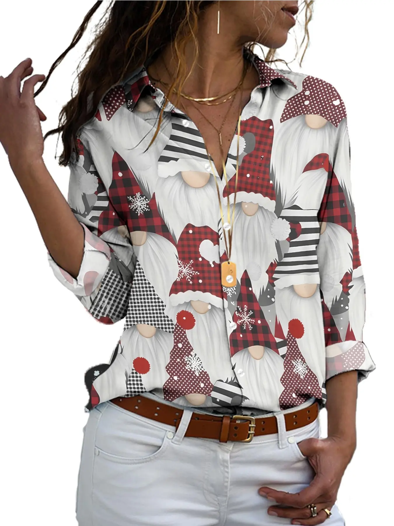 2026 New Women's Christmas Print Blouse with All over Festive Pattern and Checkered Christmas Santa Face Design, Casual Loose-Fitting Shirt with Long Sleeves