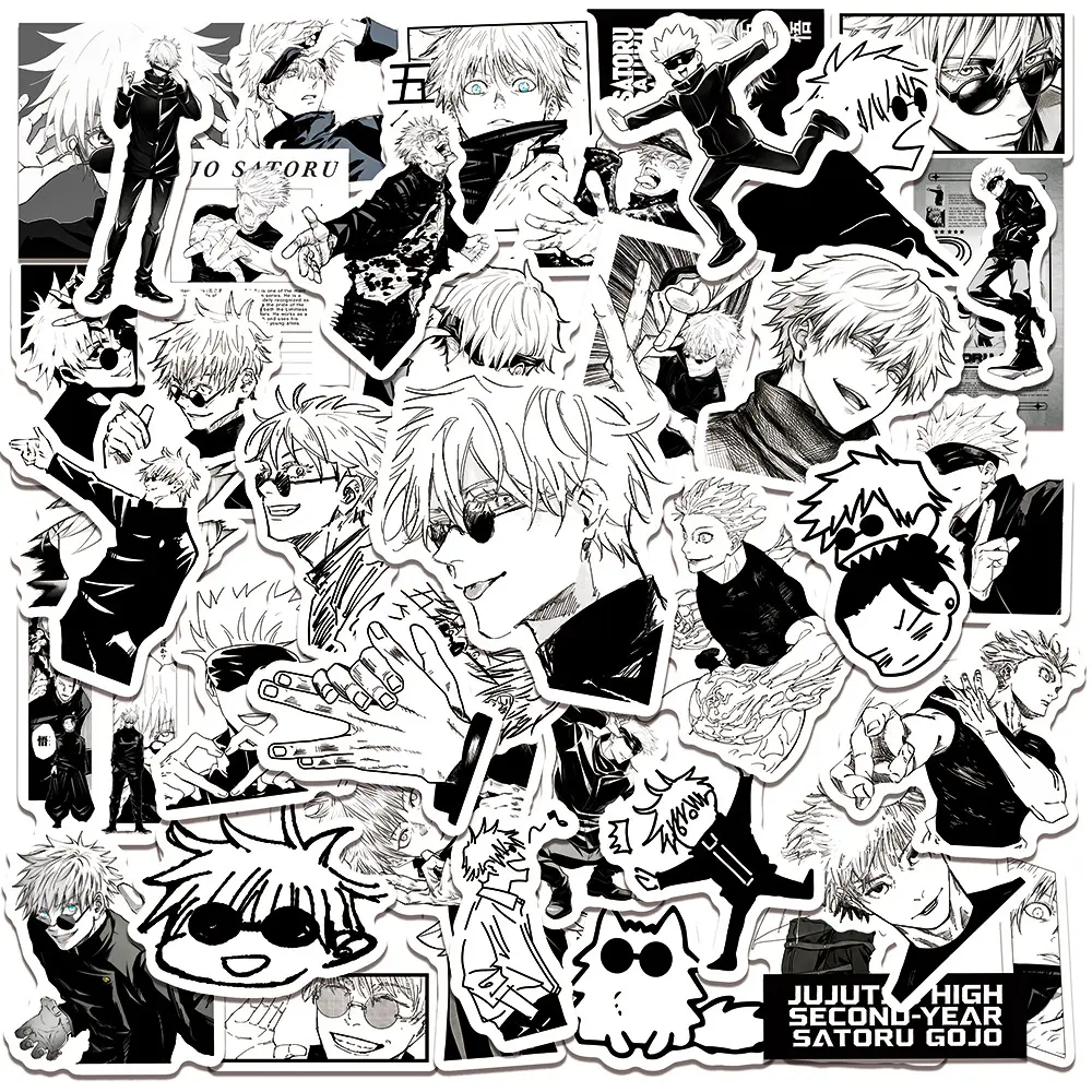 50pcs Mixed Waterproof DIY Crafts Decorative Graffiti Stickers of Gojo Satoru (Black & White Jujutsu Kaisen Anime Merchandise), Suitable for Journals & Water Cups