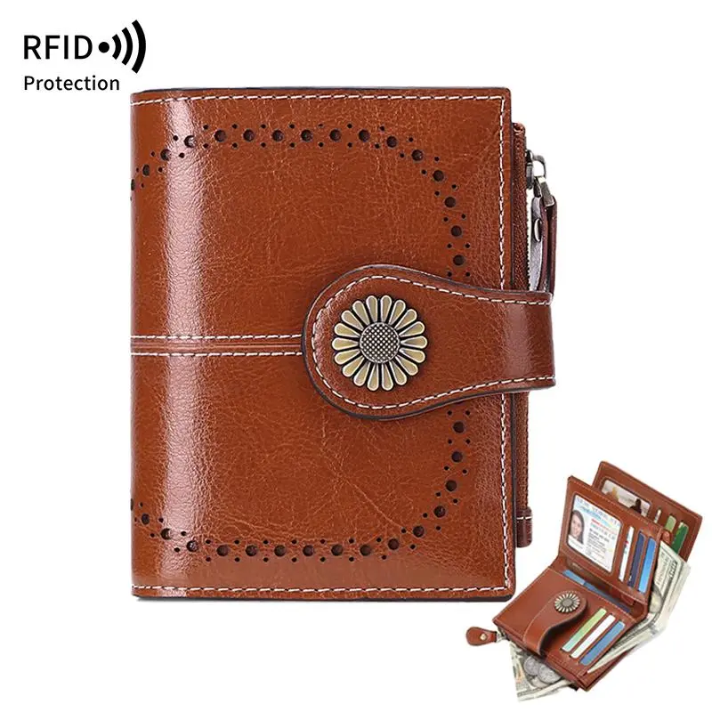 Small Womens Wallet Leather Bifold Card Holder RFID Blocking with Zipper Coin Pocket Wristlet PU Leather