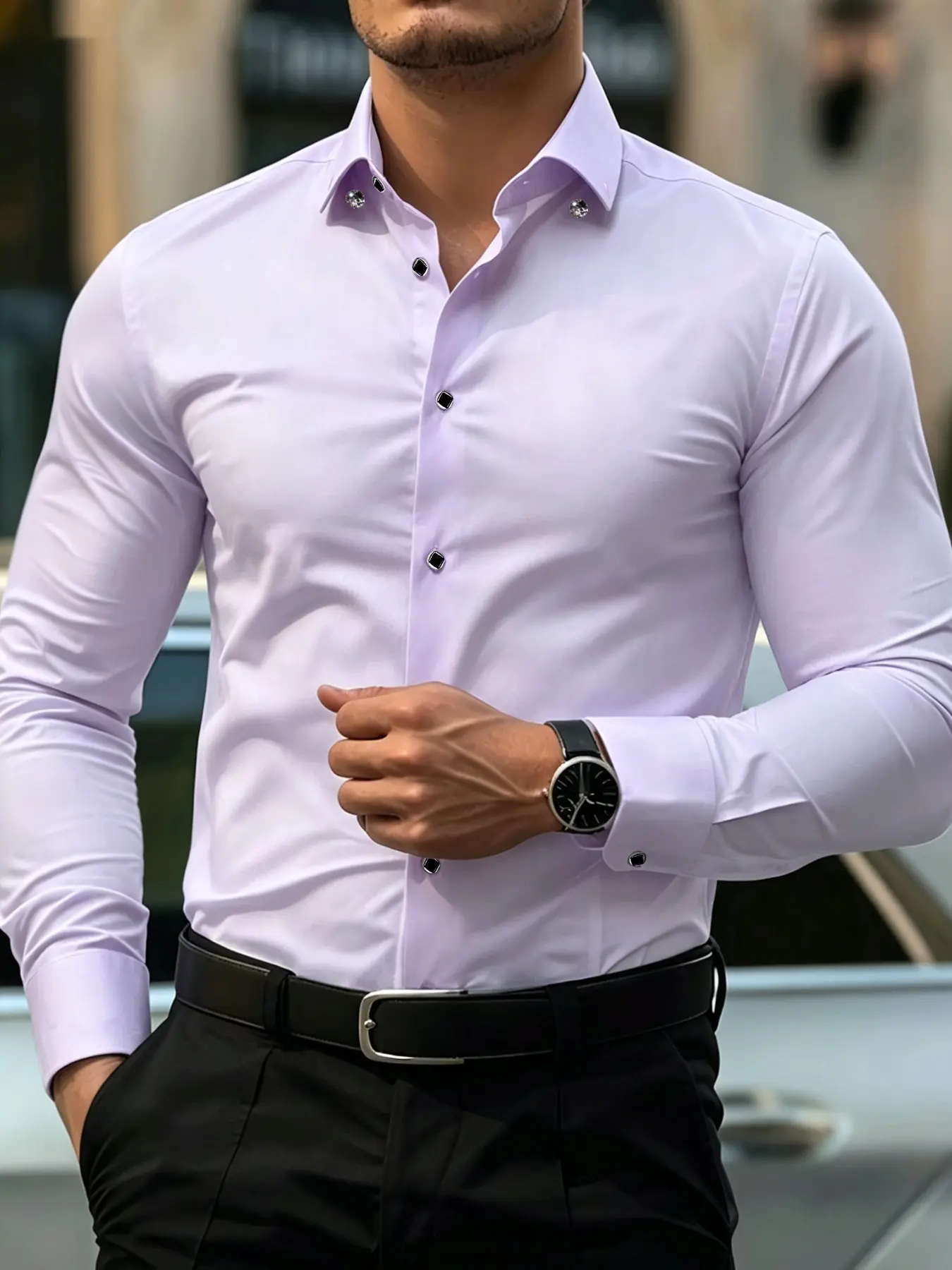2026 Hot Sale Luxury Solid Lavender Button Up Shirt Wrinkle Resistant Business Date Party Outfit
