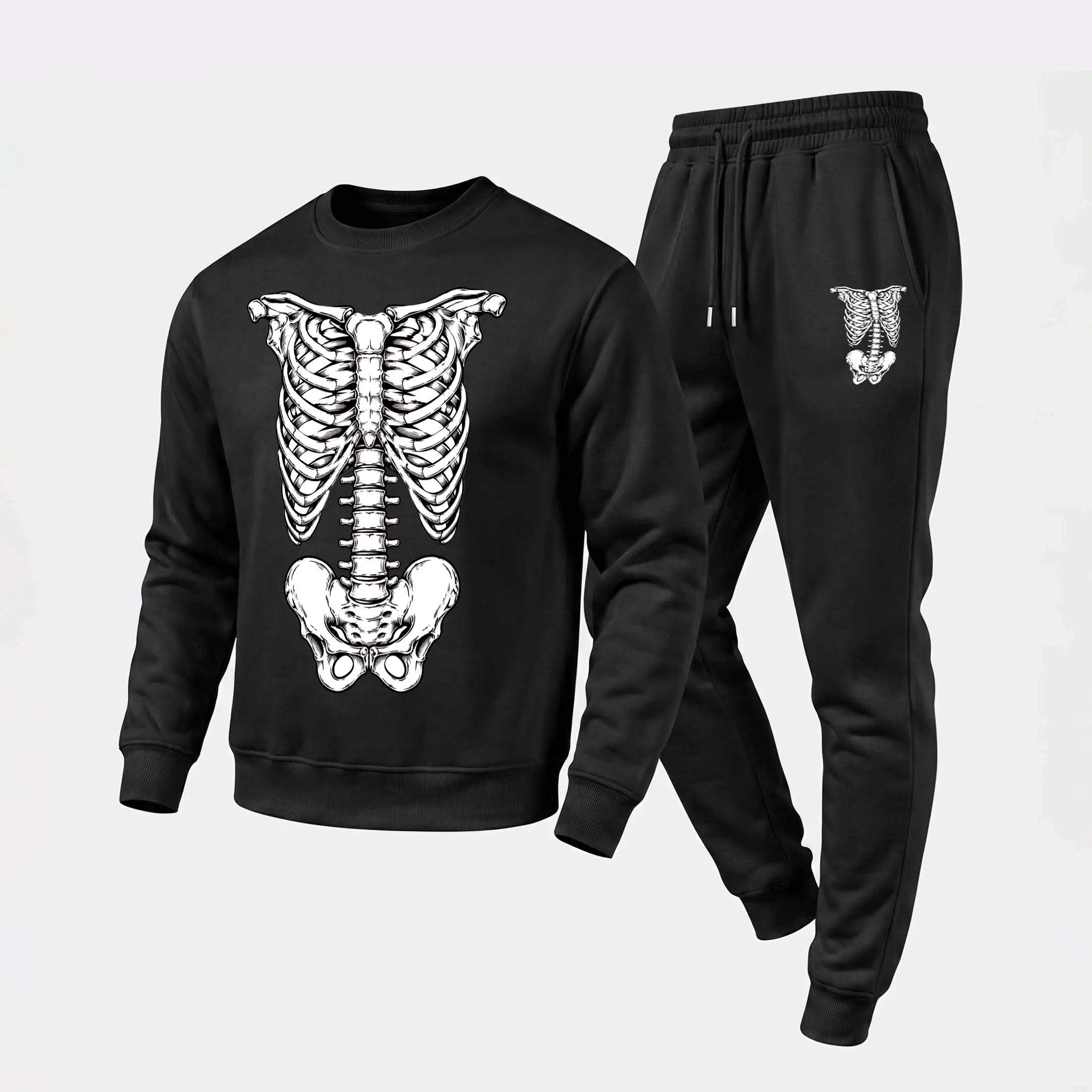 Men's Graphic Of A White Skeletal Torso Graphic Crewneck Sweatshirt and Jogger Pants Set, Casual Long Sleeve Pullover with Drawstring Sweatpants, Fall Winter Tracksuit for Daily Wear, Travel, Lounge, Workout and Indoor Outdoor Activities