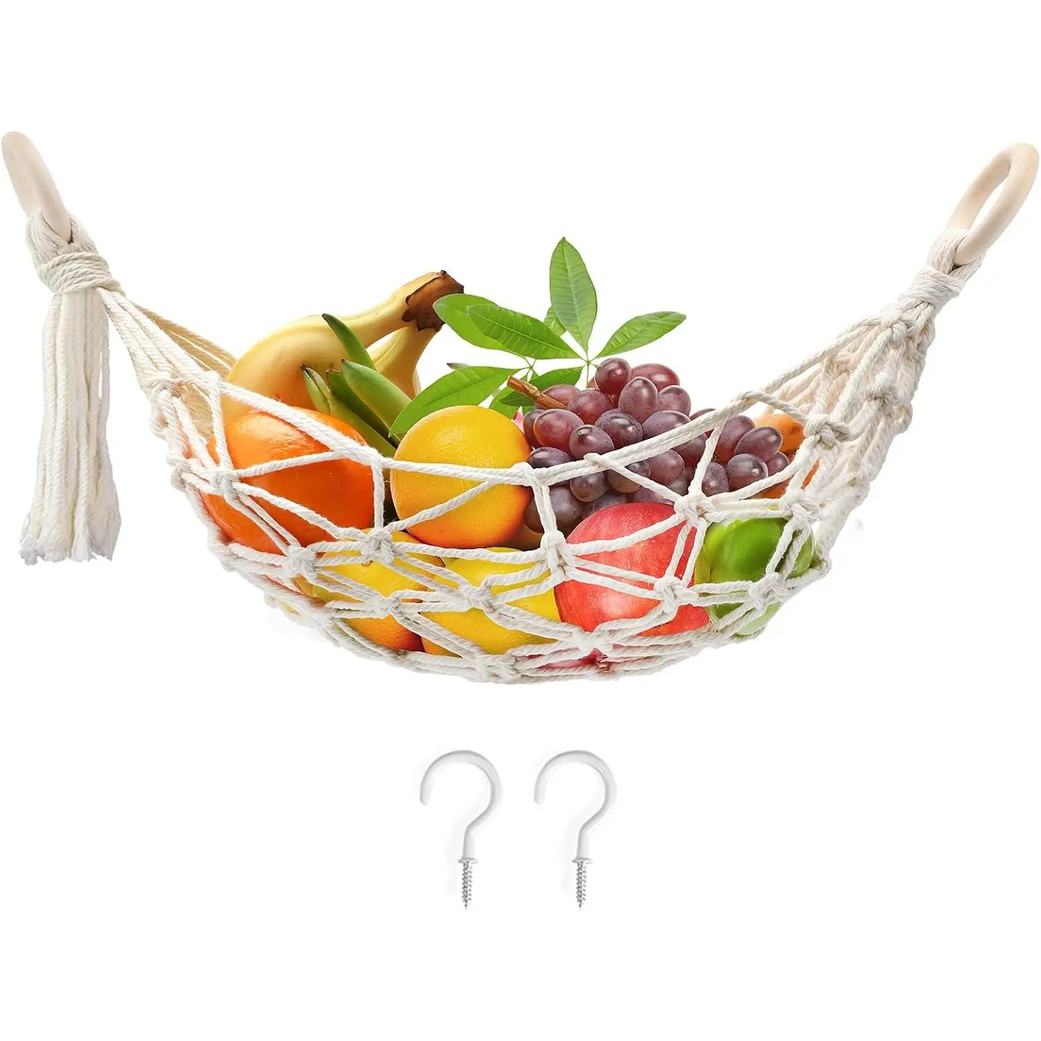 Fruit Hammock, Fruit Basket Under the Kitchen Cabinet with 2 Hooks | Fruit Storage, Hand-Woven, Saves Counter Space at , Boat, and RV, Kitchen Décor Gifts for Boho Lover, Oval