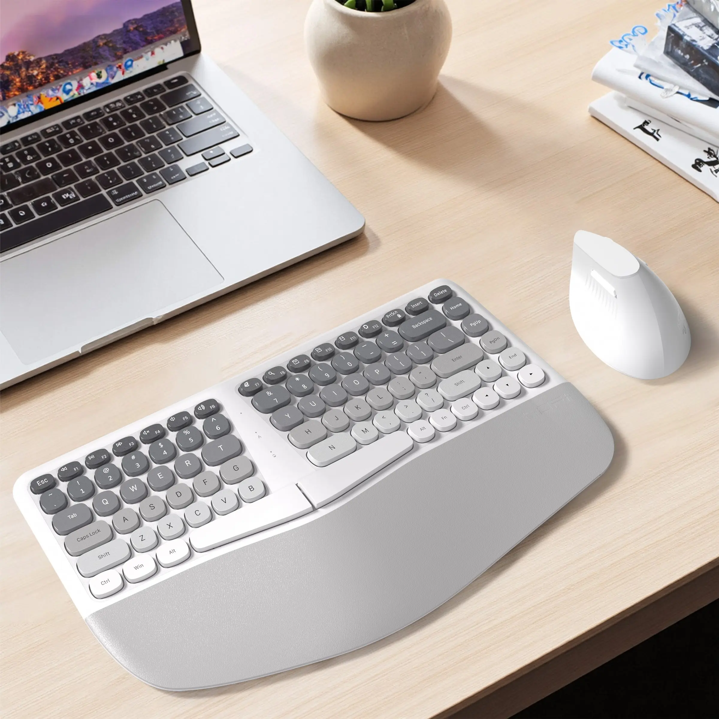 MOFii BOMI Aesthetic Gradient Grey & White Ergonomic Curved Wireless Keyboard Mouse Set, V-Shape Split Keyboard with Wrist Rest, 2.4G Wireless Vertical Mouse Combo for Desktop & Laptop Office Use