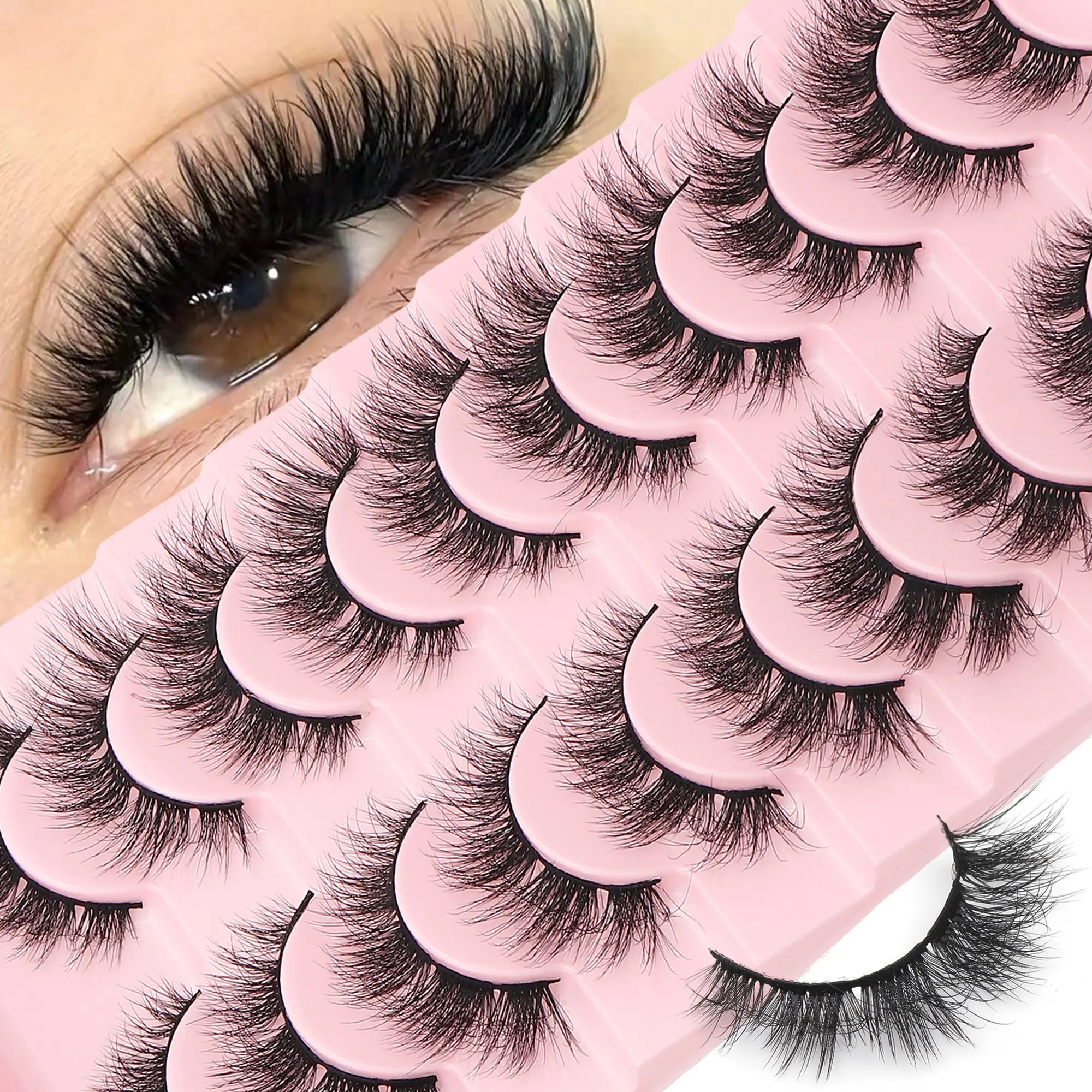 10 Pairs Natural Look Cat Eye False Lashes, 3D Fluffy Strip Lashes, Short Soft 3D Fake Mink Lashes, Party & Daily Use, Makeup, Fluffy False Eyelashes