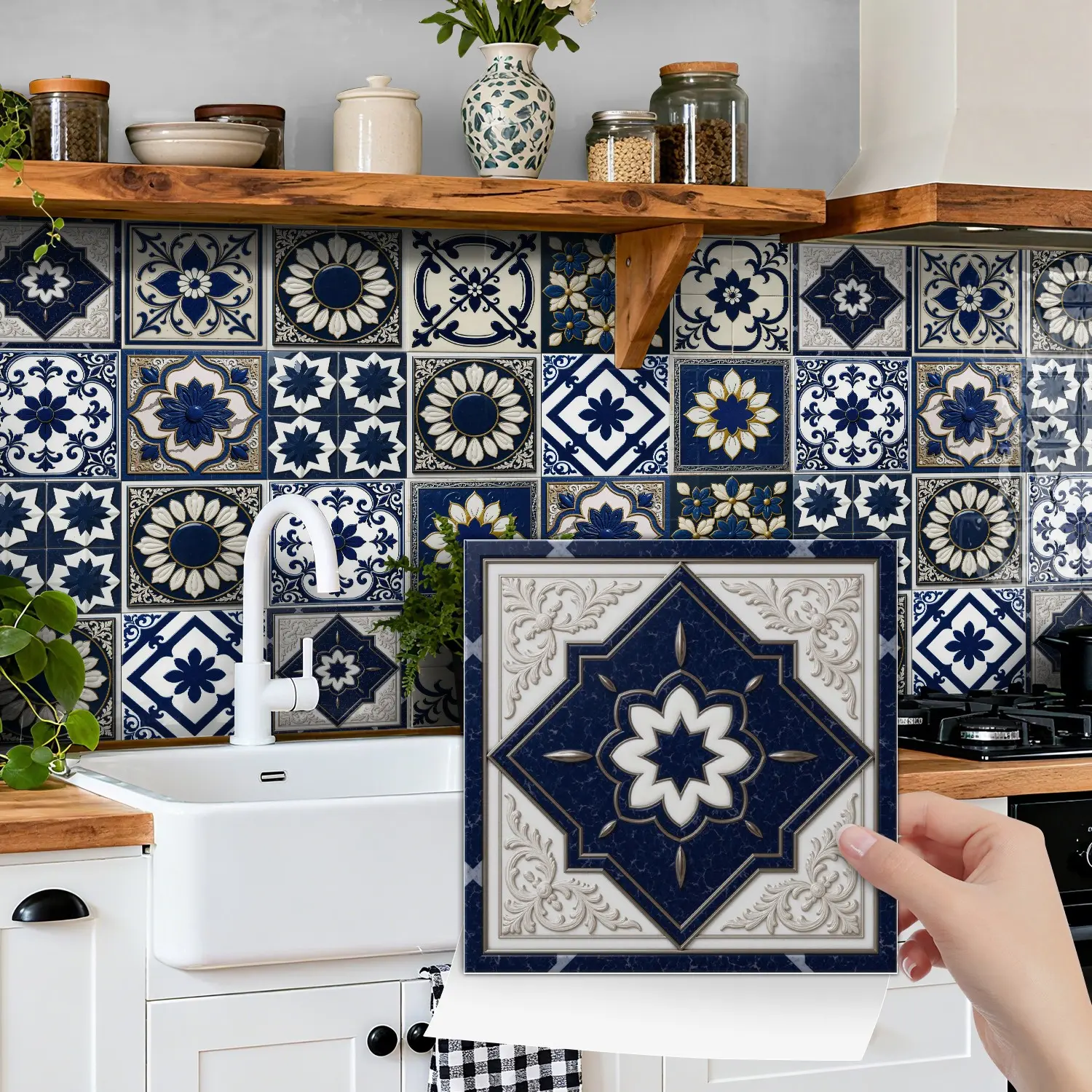 24PCS NHZ Navy Blue & Beige European Embossed Retro Tile Stickers, PVC Crystal Film, Waterproof Oilproof, Self-Adhesive, Removable No Residue, Easy Clean, Glossy Finish, for Kitchen Bathroom Bedroom Home Decor