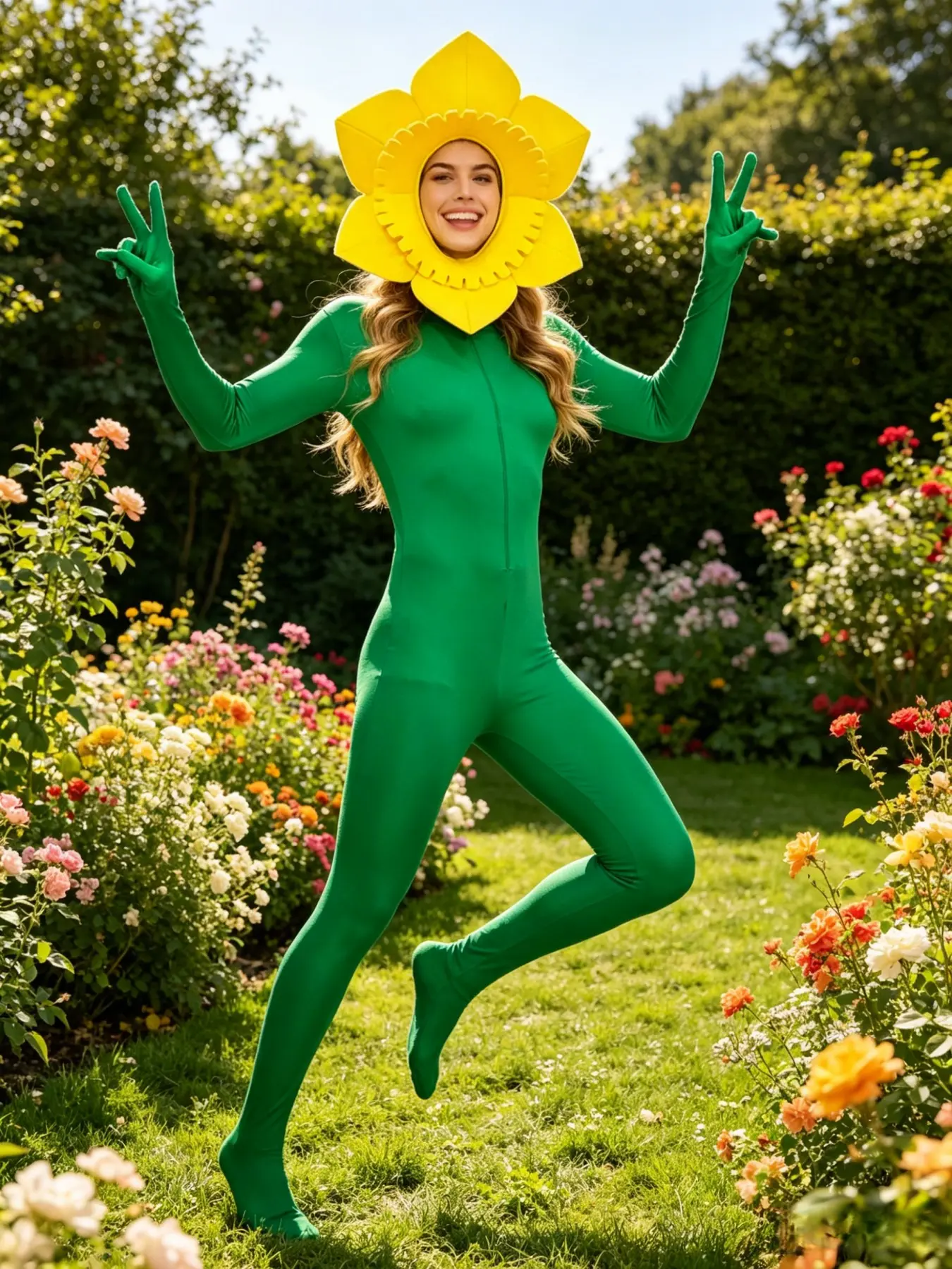 Creative Sunflower Styling Jumpsuit Funny Style Stage Catwalk Show Outfit Role Play With Headpiece