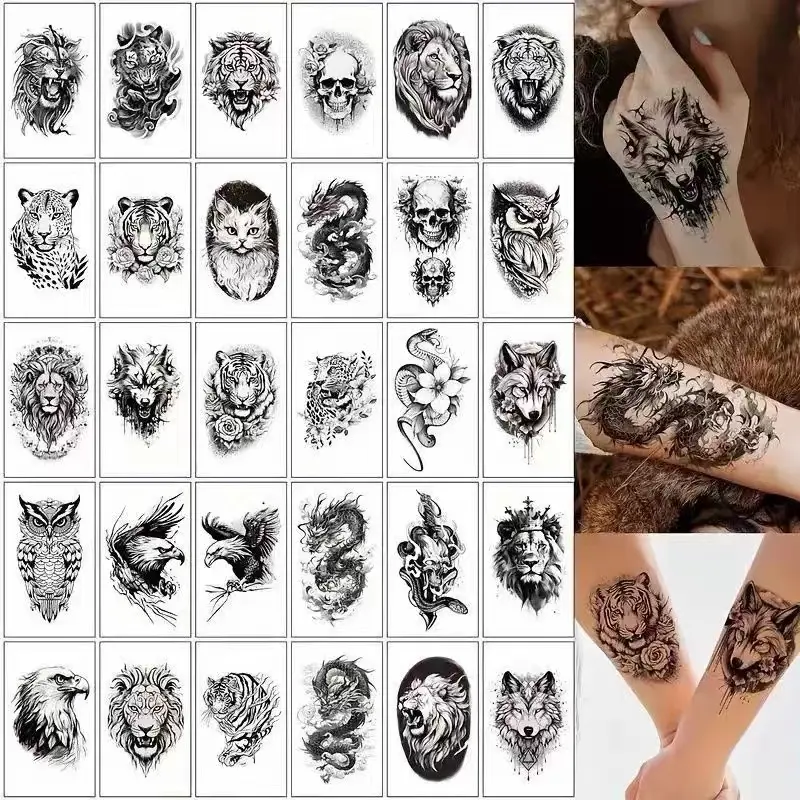 30Pcs Dark Domineering Beast Fake Tattoos for Men Women, Waterproof Long Lasting Realistic Arm Stickers with Dragon Tiger Eagle Wolf Designs
