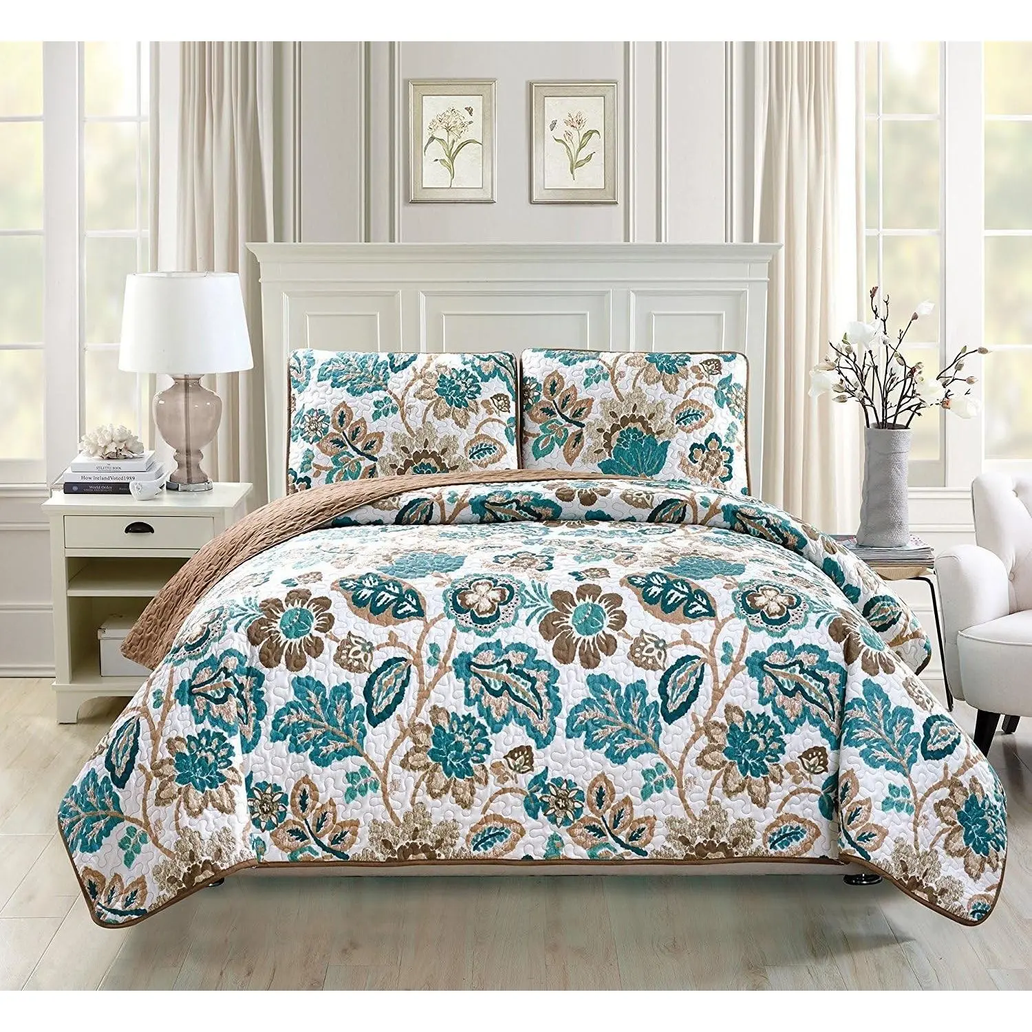 Linen Plus Quilted Bedspread Set Oversized Coverlet Floral Brown Teal White New (King/Cal King)