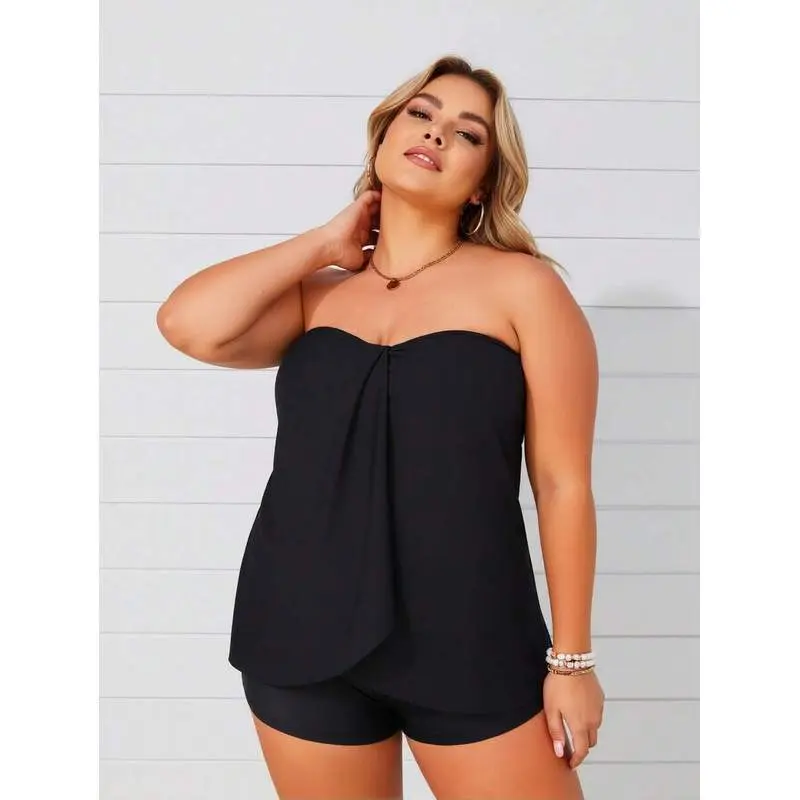 Women's Plus Size Black Strapless Tankini Top With Twist Front & Ruched Detail, Matching Boyshorts Swim Set, 2 Piece Modest Swimwear, Beach Vacation Outfit, Pool Party Swimwear, Resort Wear, Cruise Wear, Tropical Holiday Suit, Sunbathing Bathing Suit, Sum