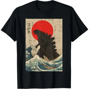 Unisex Retro Distressed Ukiyo-E The Great Wave Off Kanagawa Godzilla Kaiju Vertical Japanese Katakana Woodblock Print Graphic Tshirt, Crewneck Shortsleeve Breathable Casual Oversized Oriental Vintage Monster Comic Con Streetwear Tops for Big Tall Men