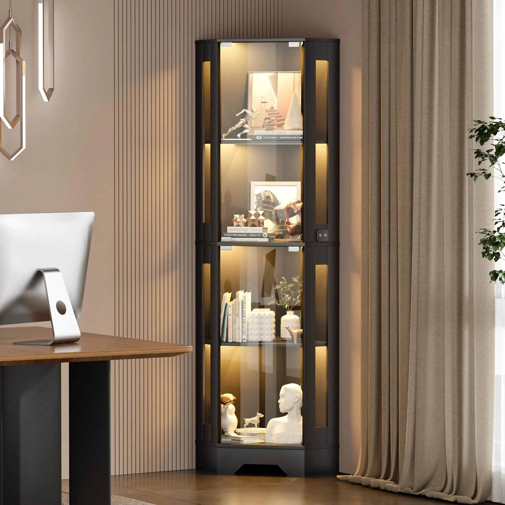 Lighted Corner Curio Display Cabinet with Glass Doors, 4-Tier Glass Shelves, LED Showcase Display Case
