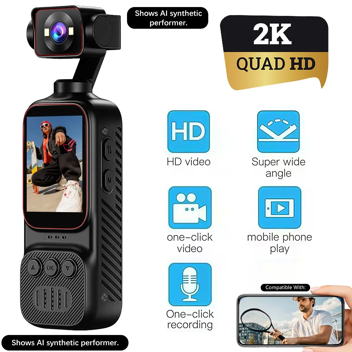 2K UHD Mini Body Camera with 270° Rotatable Lens, Portable Vlogging Camera Recorder for Vlog Creators & Outdoor Enthusiasts, 8X Digital Zoom, LED Fill Light, WiFi Connection, Video & Audio Recording for Travel, Hiking, Cycling & Daily Use