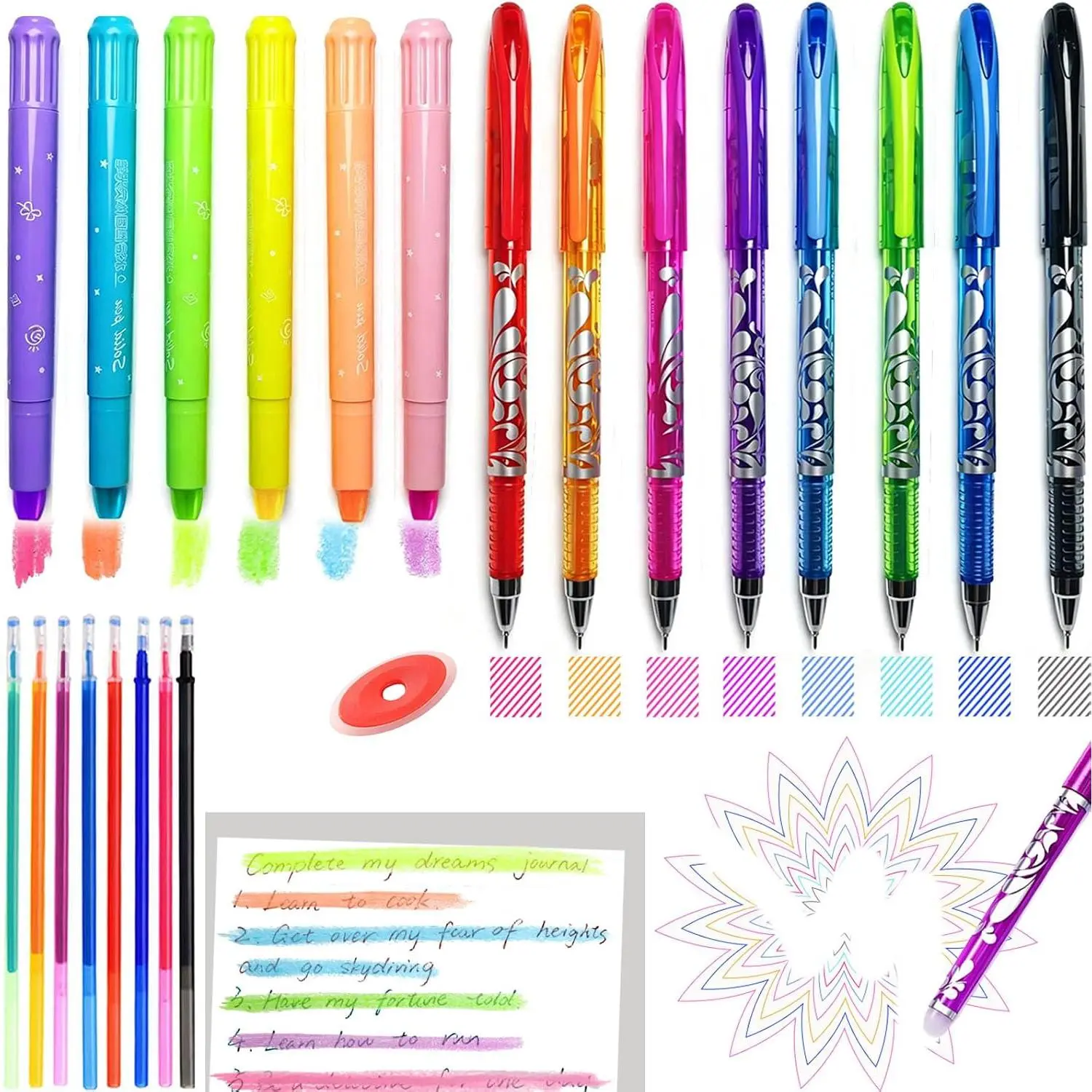 NoteTaking Supplies set Wax  Highlighters and  Erasable Pens | 23 count Aesthetic Highlighter and Erasable Gel Pen set ,  for  Study Journaling Planner Notes School Supplies.