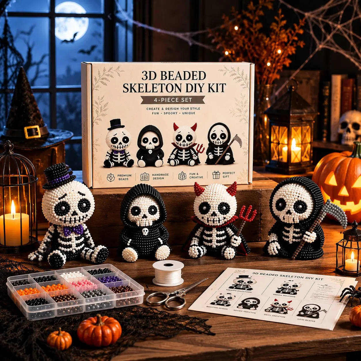 DIY 3D Skull Beading Set, includes materials and instructions, Halloween home decoration, Mini Beaded World 3D DIY Series, Cute Four-Piece Skull Beading Set, Diy Beads, Decorative Beads