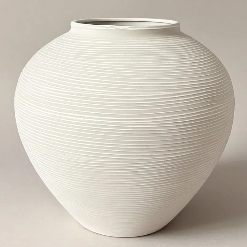 Large Cream White Spiral Ribbed Texture Metal Decorative Vase 11" Wide, Rustic Farmhouse Table Centerpieces, Home Decor Vase for Dining Table & Living Room