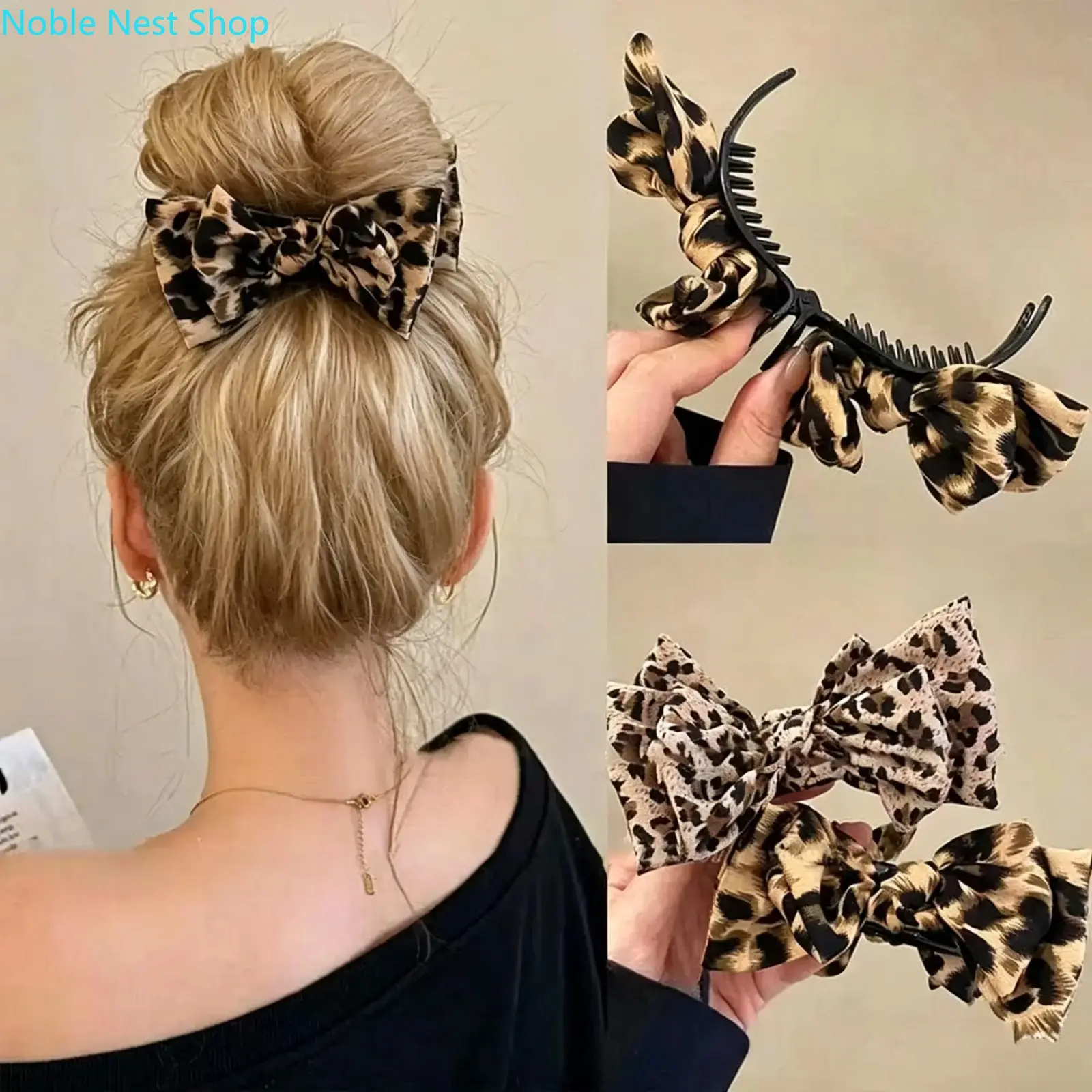 2Pcs Vintage Leopard Print Bow Banana Hair Clips for Women, Fabric Bow Jaw Barrettes Retro Plastic Hair Accessories Daily Commute Party Halloween