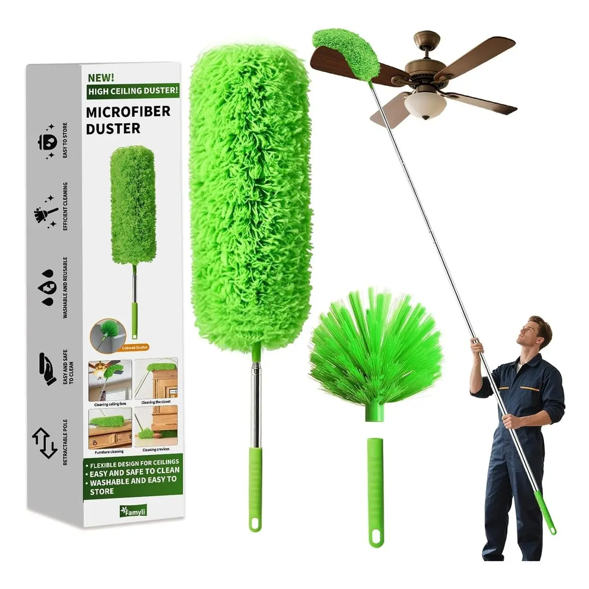 Adjustable Telescoping Cobweb Duster Set, 15-110in Lightweight Extension Pole, Washable 2 Duster Heads, Corner Brush for Home High Ceiling Fans, Windows