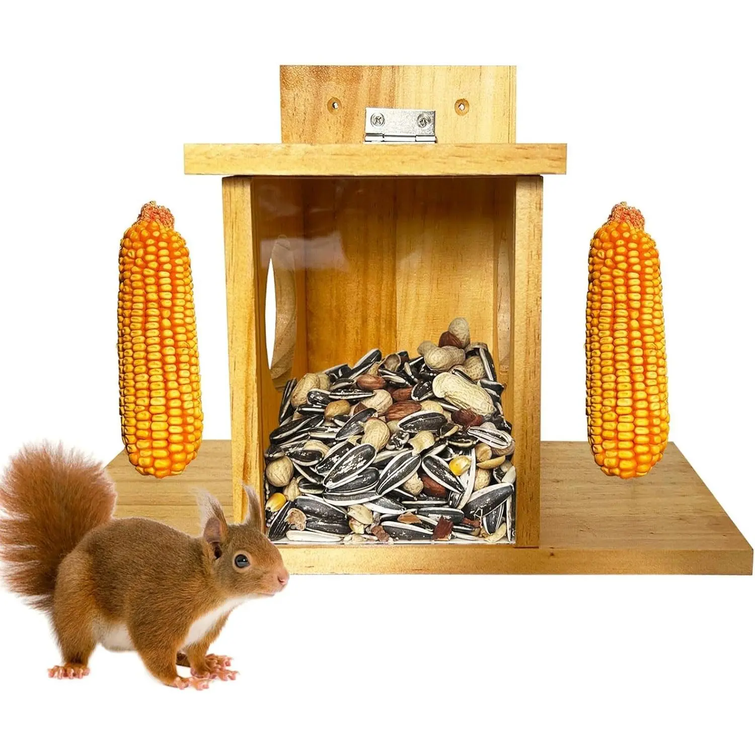 Squirrel Feeder, Wooden Squirrel Feeders for Outside with Corn Cob Holder and Removable Front Panel, Outdoors Durable Wood Chipmunk House for Corn Peanuts, Easy to Clean & Refill, Rainproof