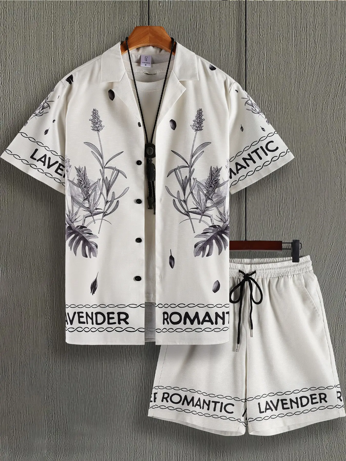 Men's Lavender Floral Print Casual Loungewear 2-Piece Set, Match Style Set, Camp Collar Short Sleeve Shirt & Drawstring Matching Shorts, Ultra Soft Breathable Fabric, Relaxed Fit for At-Home Lounging, WFH & Lazy Weekends