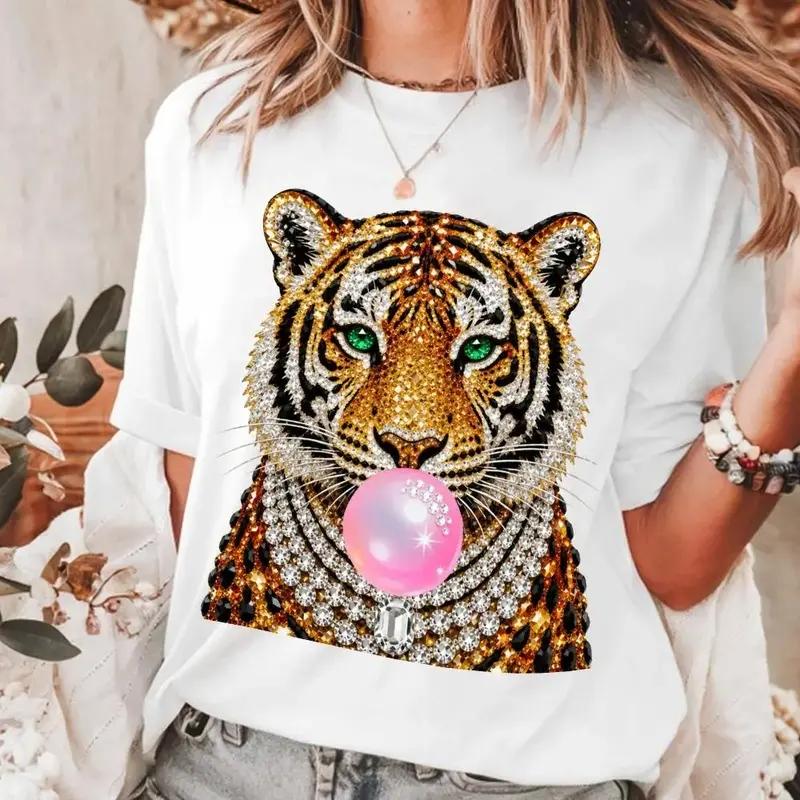 Glam Tiger Graphic Tee Rhinestone Print Bubble Gum Animal Oversized T-Shirt For Women Funny Y2K Baddie Aesthetic Summer Streetwear Top