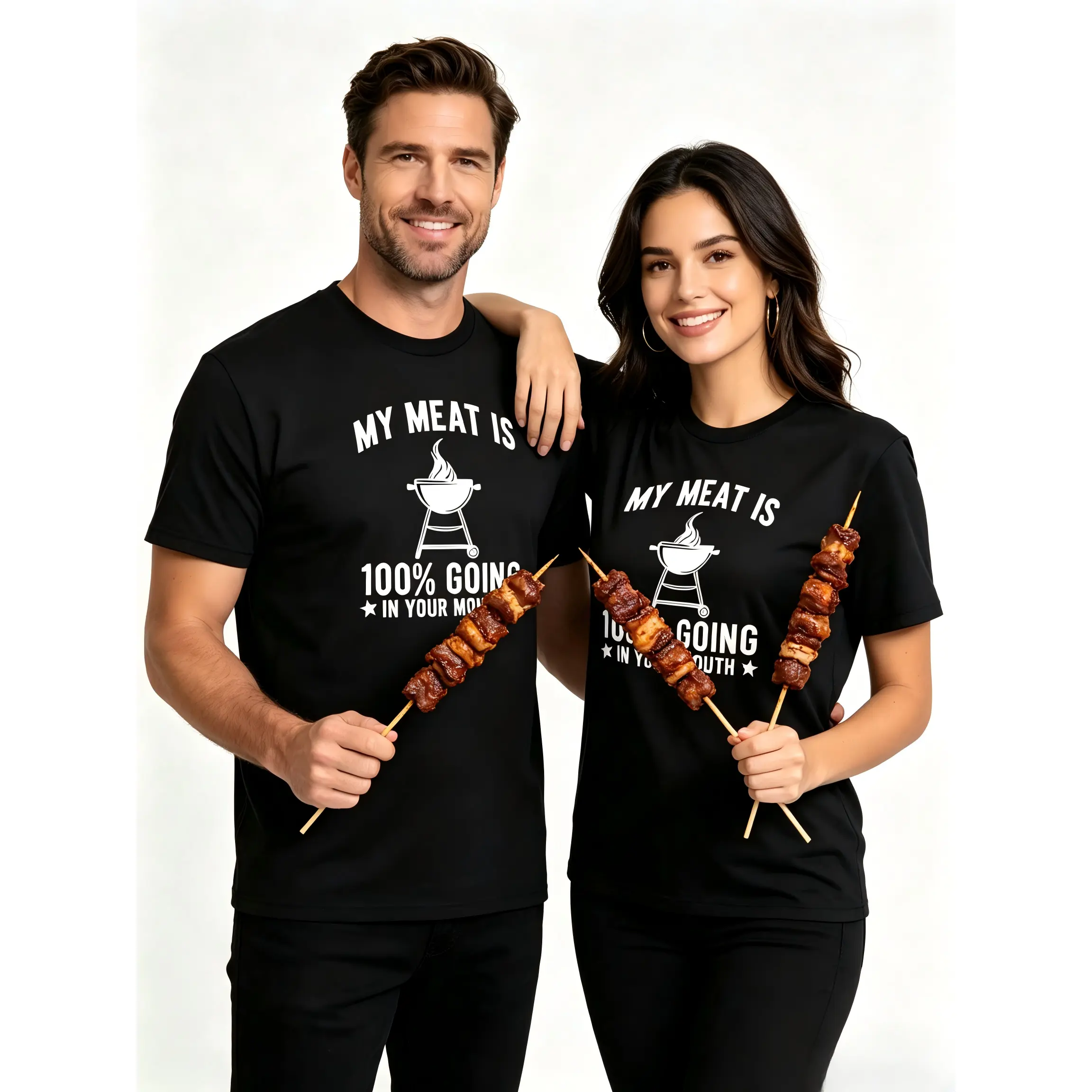 Men's Short-Sleeve Round Neck T-Shirt - Unisex Barbecue Theme Humor Graphic Top, Black Vintage Curved White Letter Print, BBQ Grill Pit Flame Design, Casual Crew Neck Tee with "My Meat Is 100% Going In Your Mouth" Slogan, All Seasons Wear