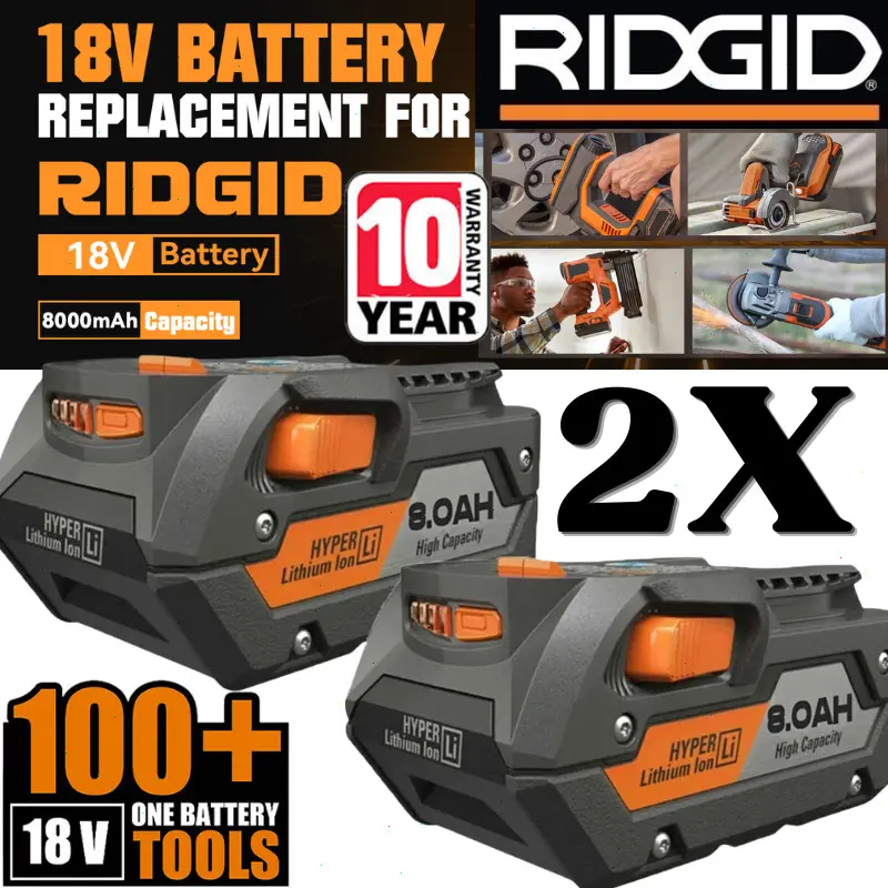 2-Pack High-Quality Replacement Batteries for Ridgid 18V R840085, 8.0Ah Capacity Lithium-Ion Battery Pack, Compatible with Rigid 18Volt R840087, Replacement Pack