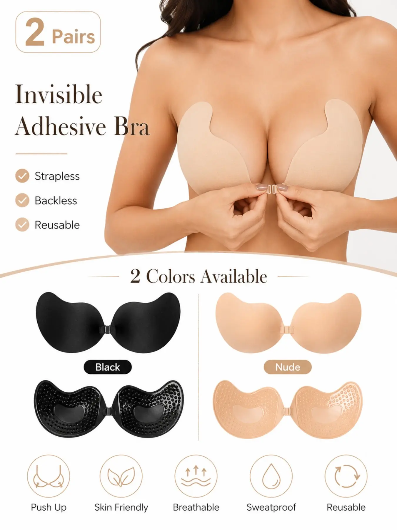 2 Pairs Women’s Invisible Adhesive Bra, Strapless Backless Sticky Bra with Front Clasp, Reusable Push Up Lift Cups, Seamless Self Stick Bra for Wedding Dresses, Gowns and Tops