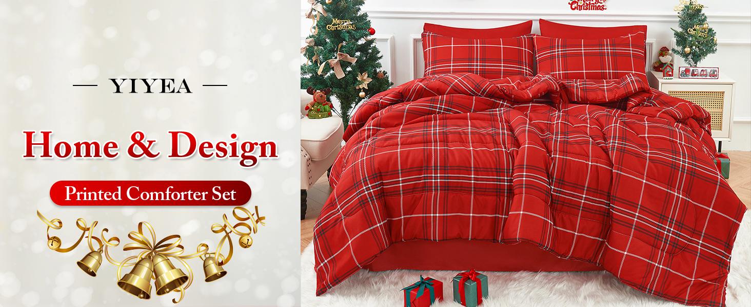 Christmas Comforter Set, 7 Pieces Bed in a Bag, Christmas Bedding Sets with Comforter, Flat Sheet, Fitted Sheet, 2 Embroidered Pillowcases, and 2 Printed Pillowcases, King