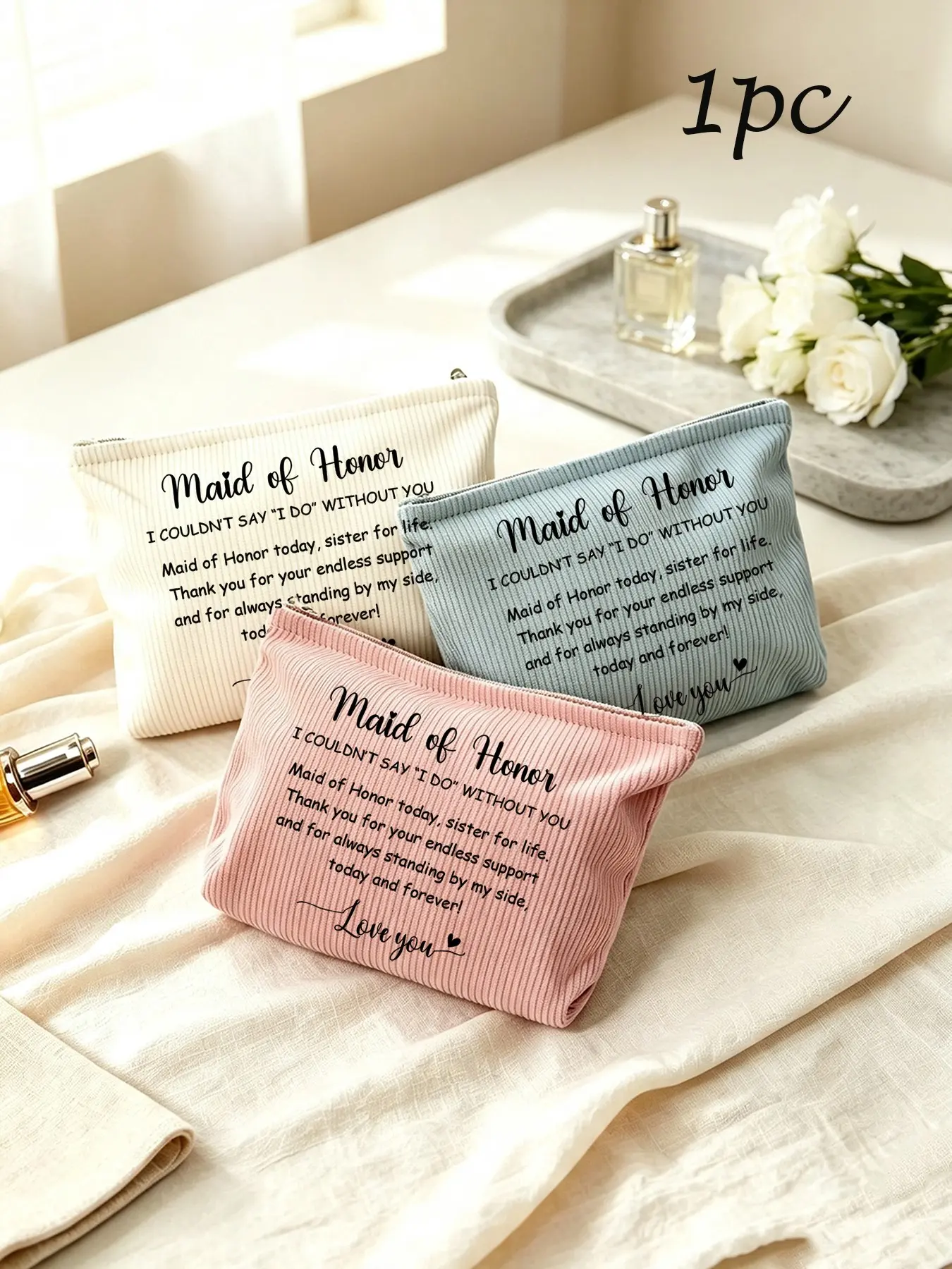Maid of Honor Corduroy Makeup Bag, Wedding Gift Cosmetic Pouch, Bridal Shower Favor Bag, Bachelorette Party Travel Zipper Storage Bag