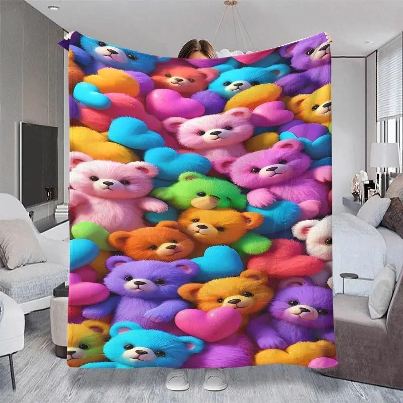 2D Flat Print (Non-3D) Vibrant Pastel Teddy Bear & Heart Pattern Small Throw Blanket, Cozy Plush Themed Cover with Multiple Specifications Available in Bright Colors, Perfect for Office Naps, Couch Relaxing & Daily Soft Warm Use, Home Decor Blankets