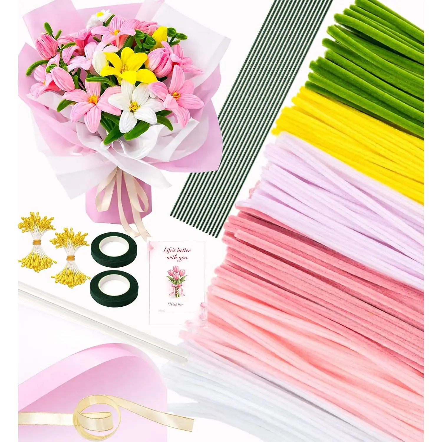 Pipe Cleaner Flower Kit , 600 count Pipe Cleaners Bulk , Pipe Cleaners Craft Set, Chenille Stems Flower Making Kit with Floral Wires, Tape, Glue Sticks, Stamen, Wrapping Paper, Ribbon Card
