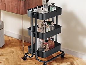 3 Tier Metal Rolling Utility Cart, Heavy-Duty Storage Rolling Cart with 2 Lockable Wheels, Multifunctional Mesh Organization Utility Cart for Kitchen Dining Room Living Room (Black)
