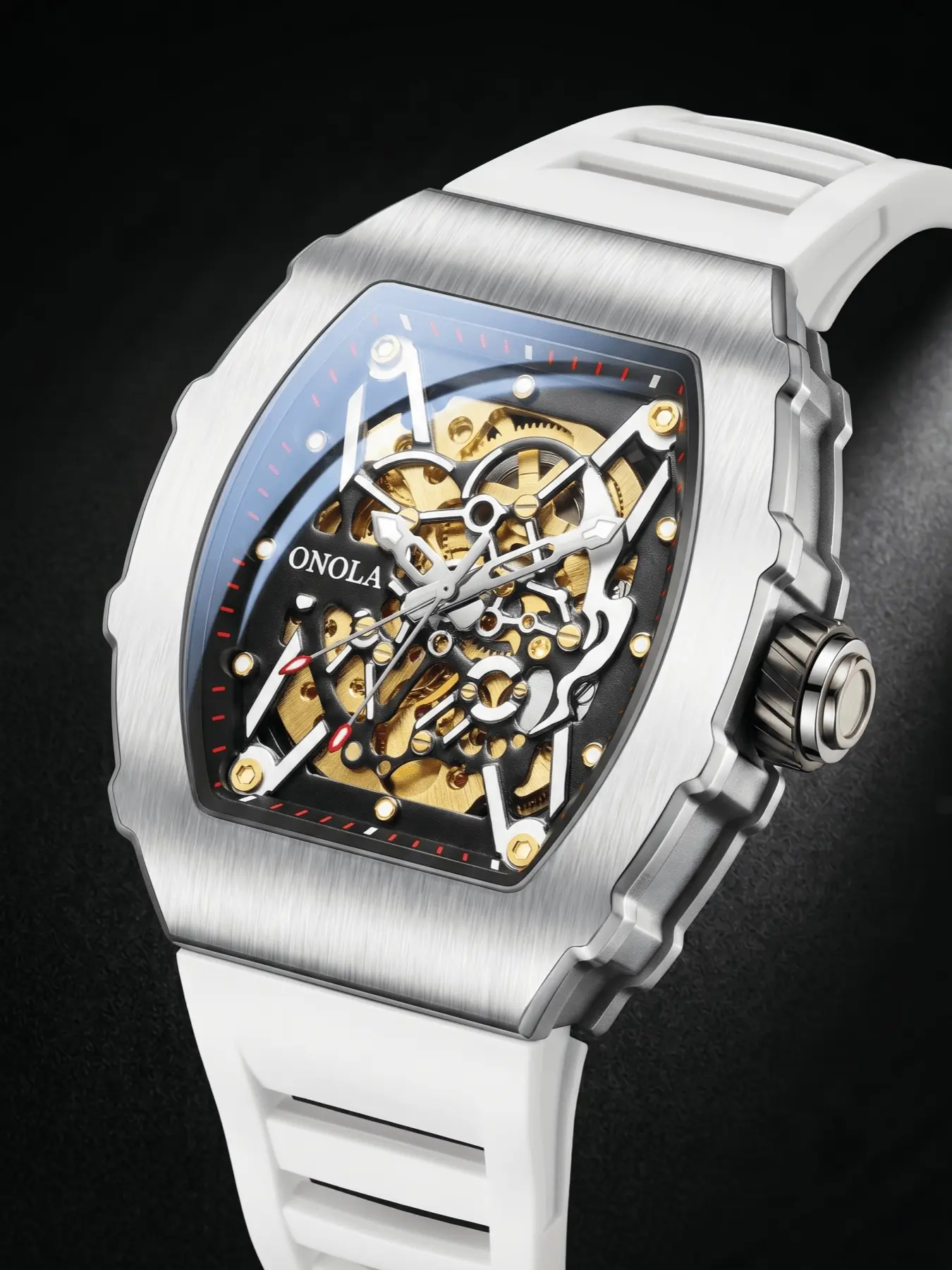 ONOLA Luxury Tonneau Skeleton Automatic Mechanical Watch for Men, Hollow Gold Movement, Silver Metal Case Fashion Sport Wristwatch, No Battery Self-Winding, Stylish Watch, Fashionable Wristwatch, Mens Mechanical Watch
