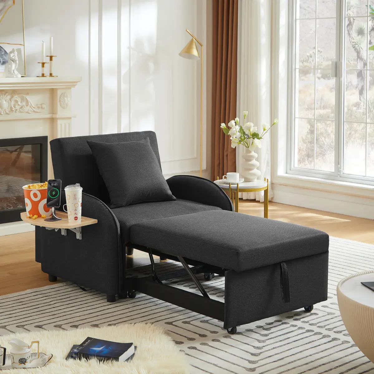 Aobtkel 3-in-1 Convertible Chair Bed, Adjustable Backrest Recliner Armchair with Foldable Table, USB & Type-C Ports for Small Space Living Room Bedroom, Black