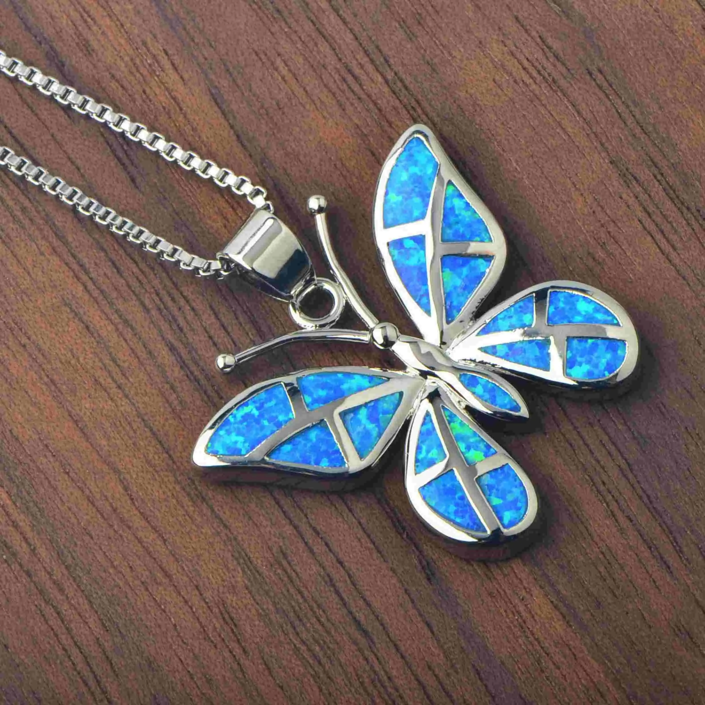 Blue Opal Butterfly Pendant Necklace for Women, Hawaiian Ocean Series, Casual Stainless Steel Jewelry for Valentine's Day