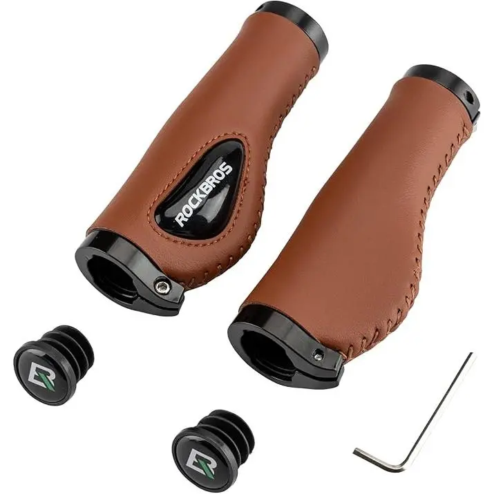 ROCKBROS Leather Bike Handlebar Grips, Ergonomic Wing-Shape with Soft Gel Shock-Absorber Palm Rest, 22.2mm Standard Size, Fashion Colors for Mountain Bike & Beach Cruiser, Easy Install with Hex Wrench (Handlebar Grips Components & Parts)