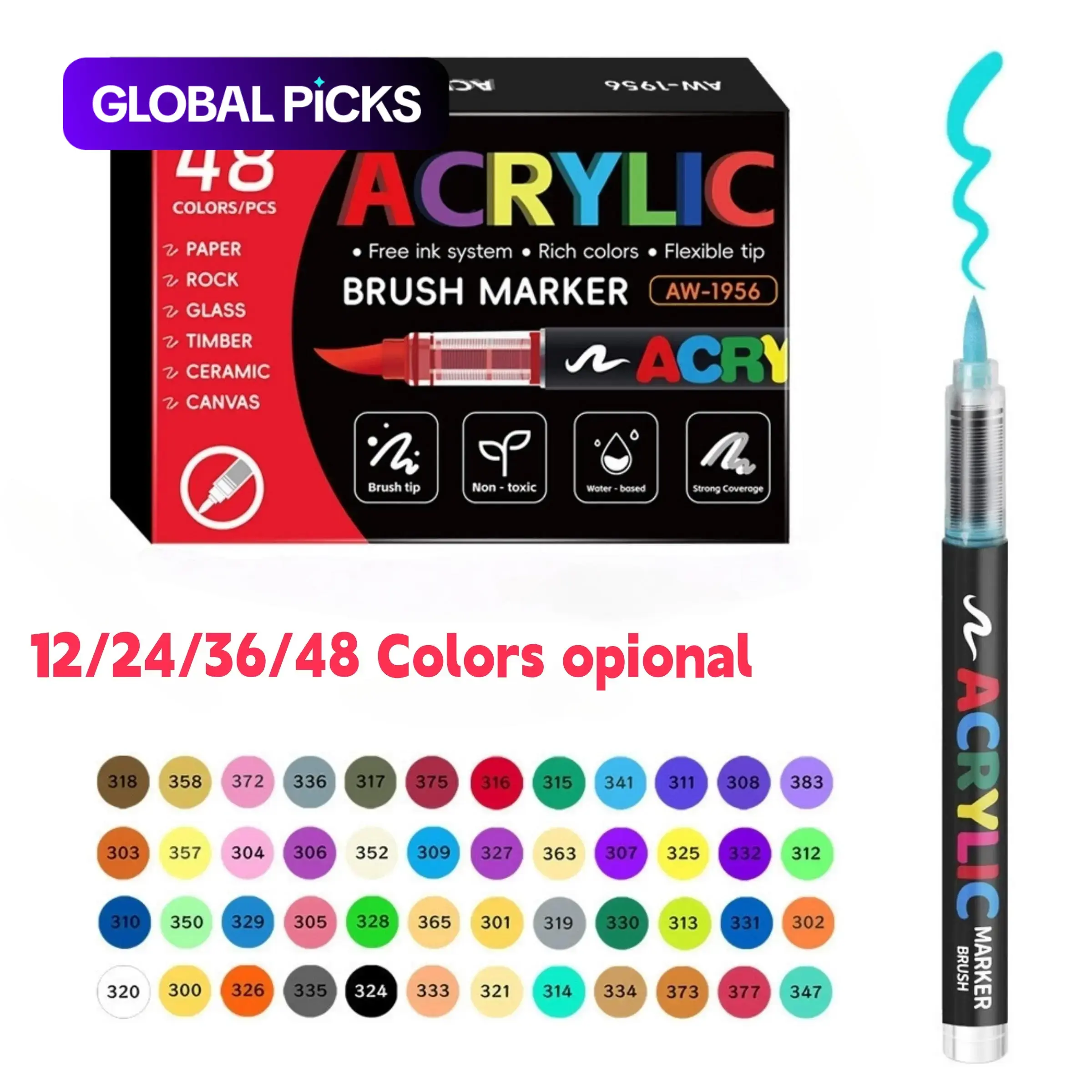 Acrylic Paint Marker Pen, Ink, Soft Brush Tip, Strong Coverage, Quick-Drying Waterproof, Art Supplies, Brush Tip Markers, for Canvas, Rock, Wood, Stone, Glass, Ceramic & Fabric Painting #GLOBAL PICKS