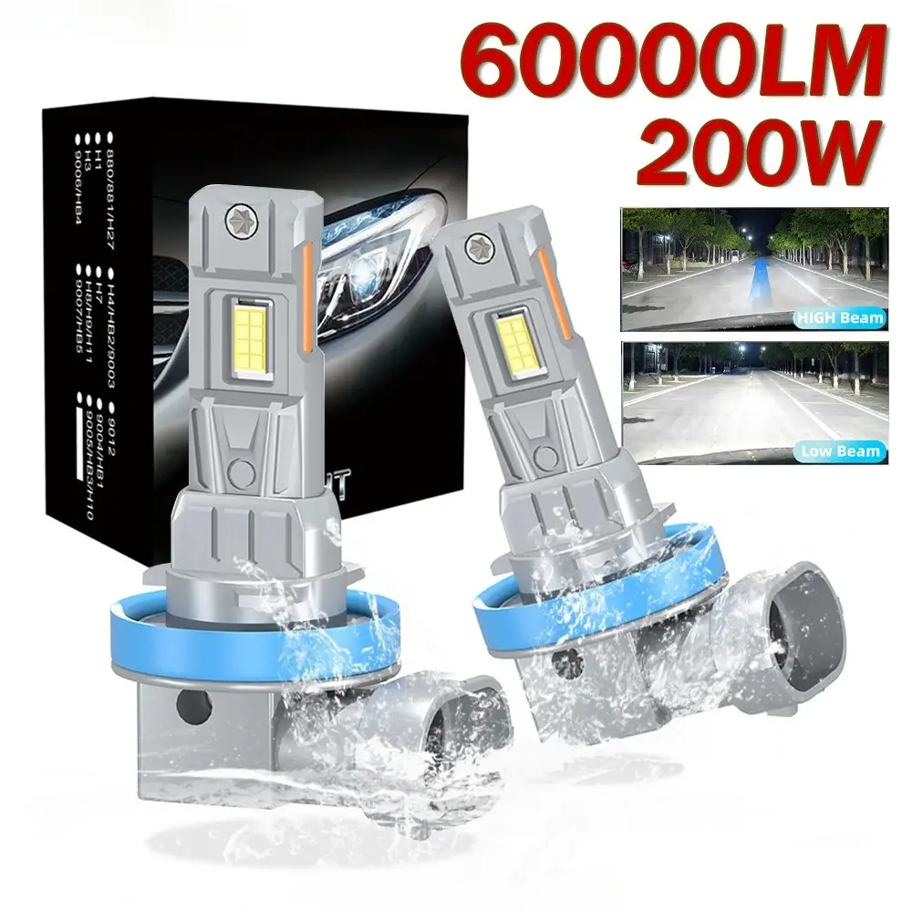 2pcs 12V H7 LED Headlight Bulbs, H11 H4 H8 9005 Hb3 9006, 200w 60000lm, Compatible with Toyota Corolla, Honda, Hyundai, Ford, Kia