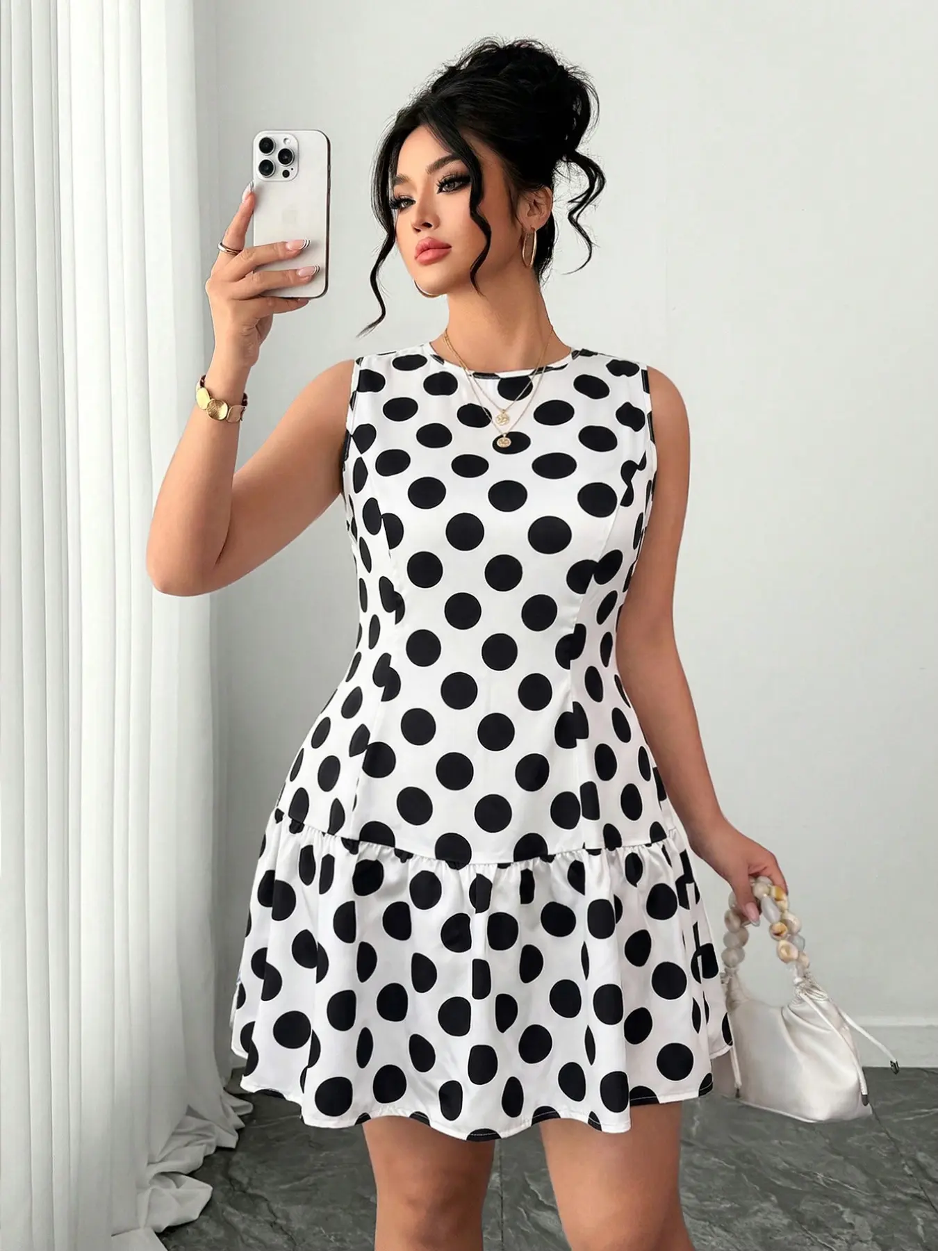 Plus Size Women's Summer Fashion Style Elegant Commute Polka Dot Print Round Neck A-Line Sleeveless Casual Beach Sundress, Stylish and Comfortable Plus Size Dresses