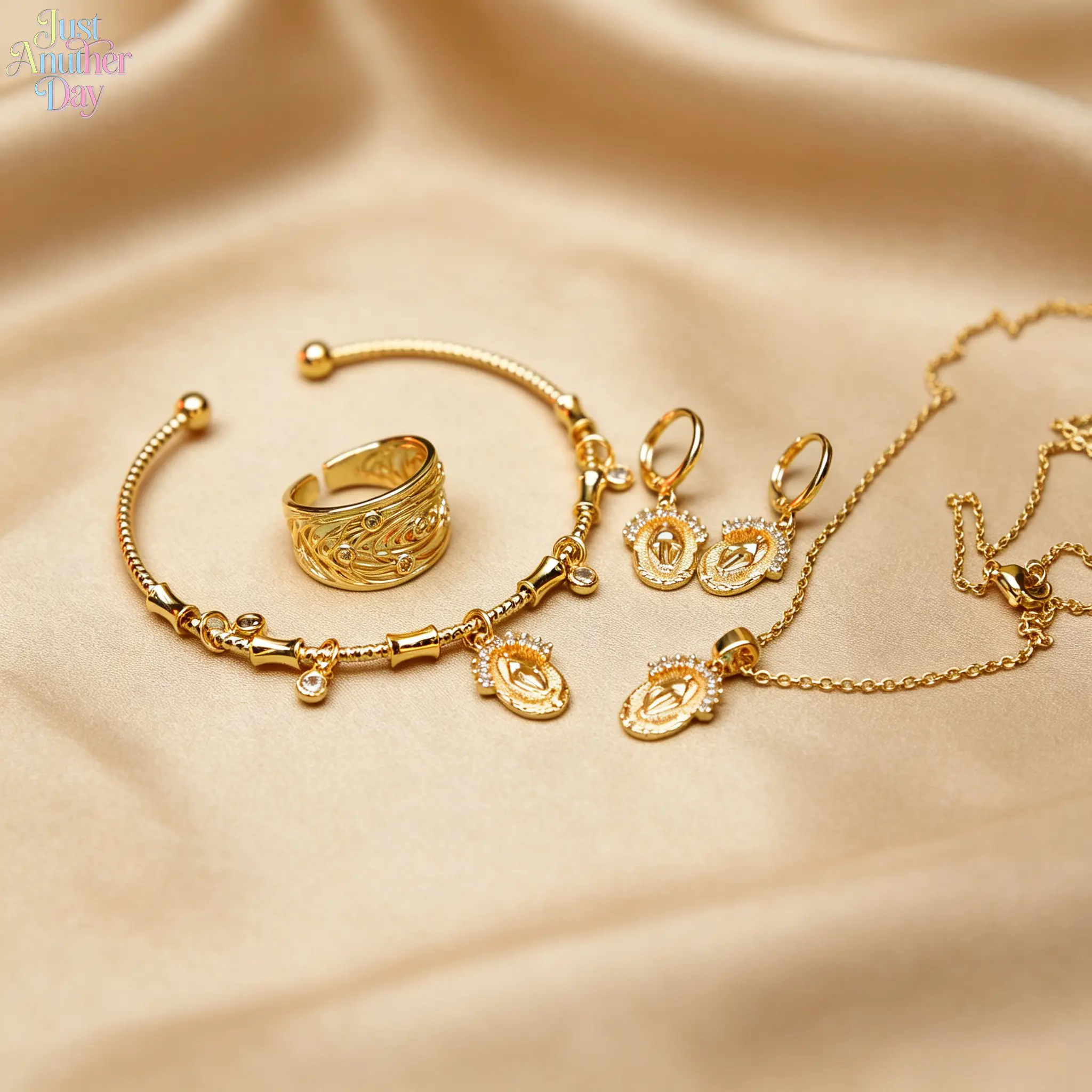 4Pcs Vintage Portrait Charm Gold Jewelry Set, Dangle Hoop Earrings, Thin Chain Necklace, Beaded Bracelet & Multi-Layer Stack Ring, Elegant Matching Jewelry Kit for Daily Wear & Gift