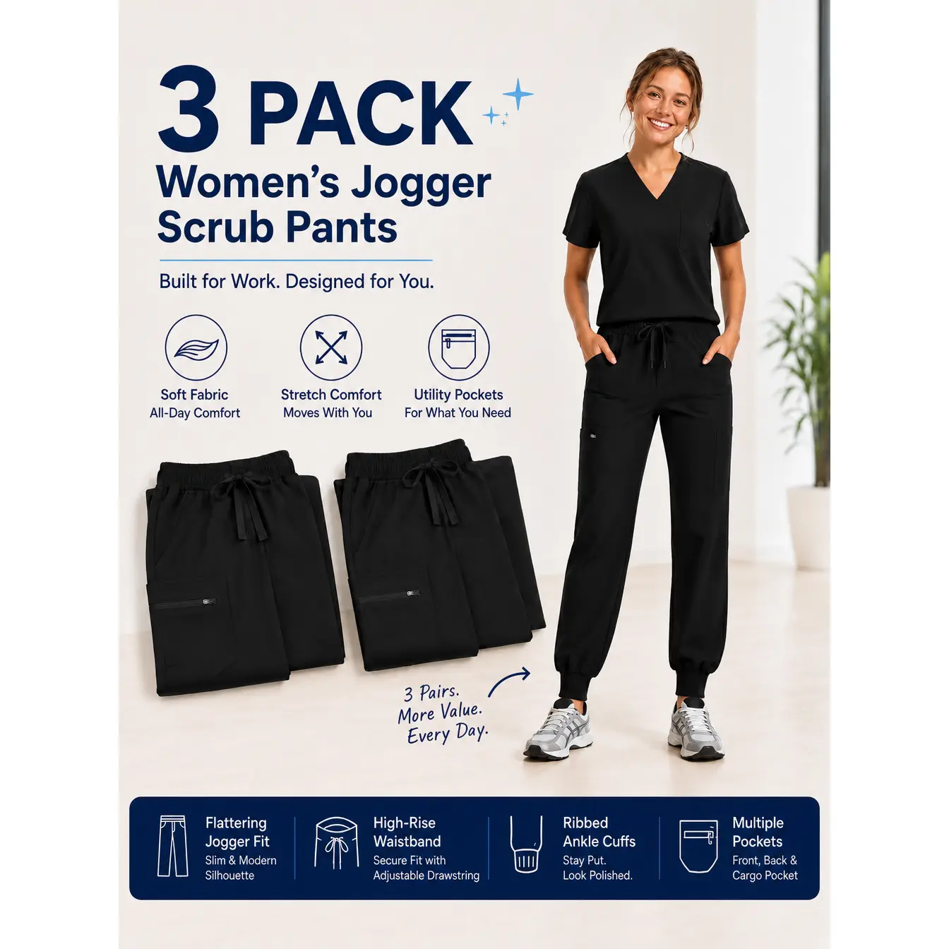 Women's Jogger Scrub Pants 3-Pack - High-Waist Soft Stretch Ribbed Elastane Fabric Bottoms, Adjustable Drawstring Medical Uniform Basics for Nurses (Women's Clothes), Utility Pockets, Lady, Fitted, All Seasons, Athletic, Cargo Pants, Medical Work, Casual