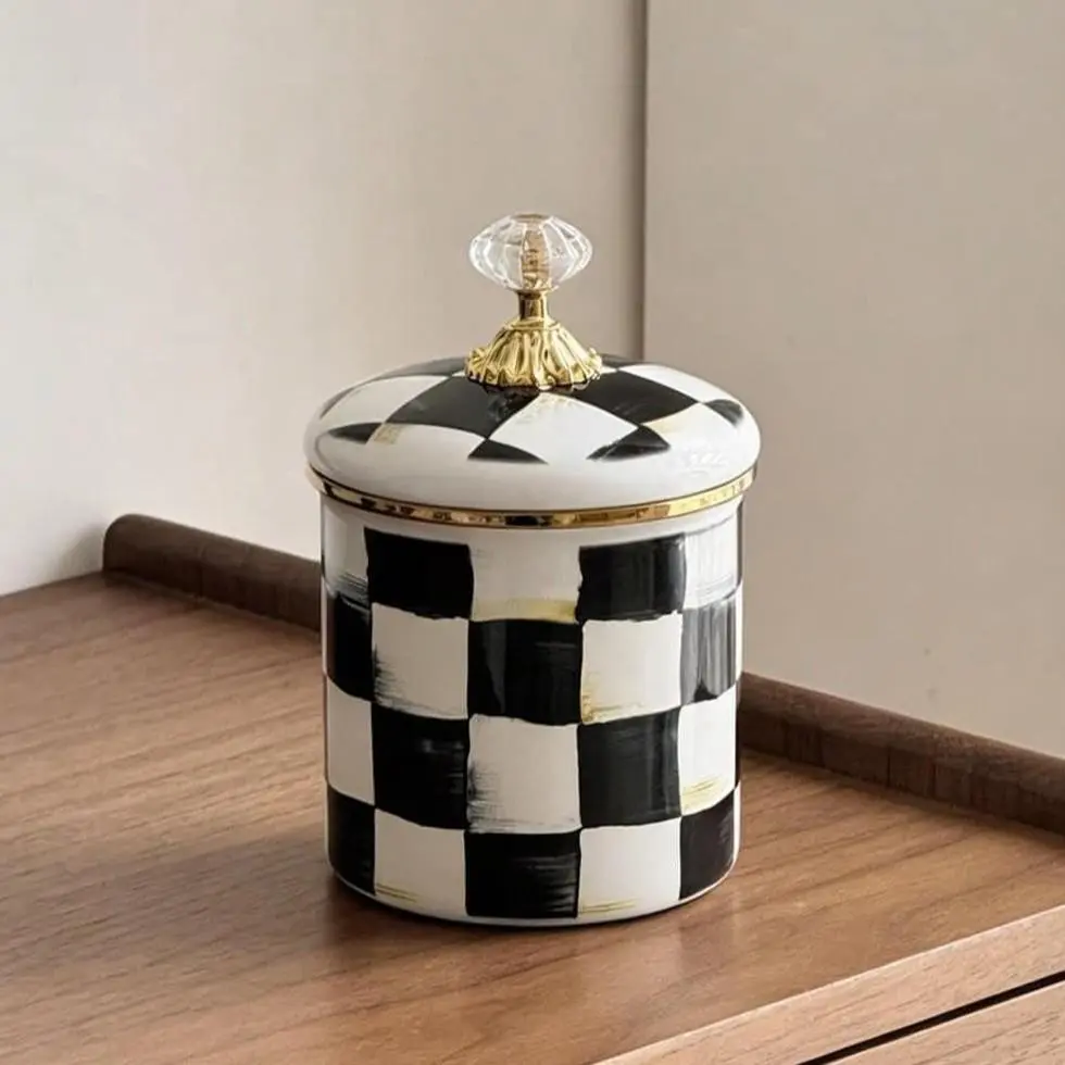 Classic Fashion Plaid Enamel Storage Jar with Crystal Lid, Ideal for Organization, Modern Home Decor, Soccer Theme, Perfect Gift