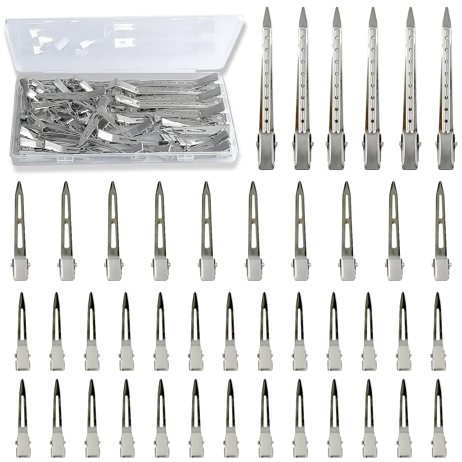 42 count Styling Hair Clips Set:  Metal Duck Billed Clips for Women's Hairstyling, Long Duckbill Pins,  Rollers with Case