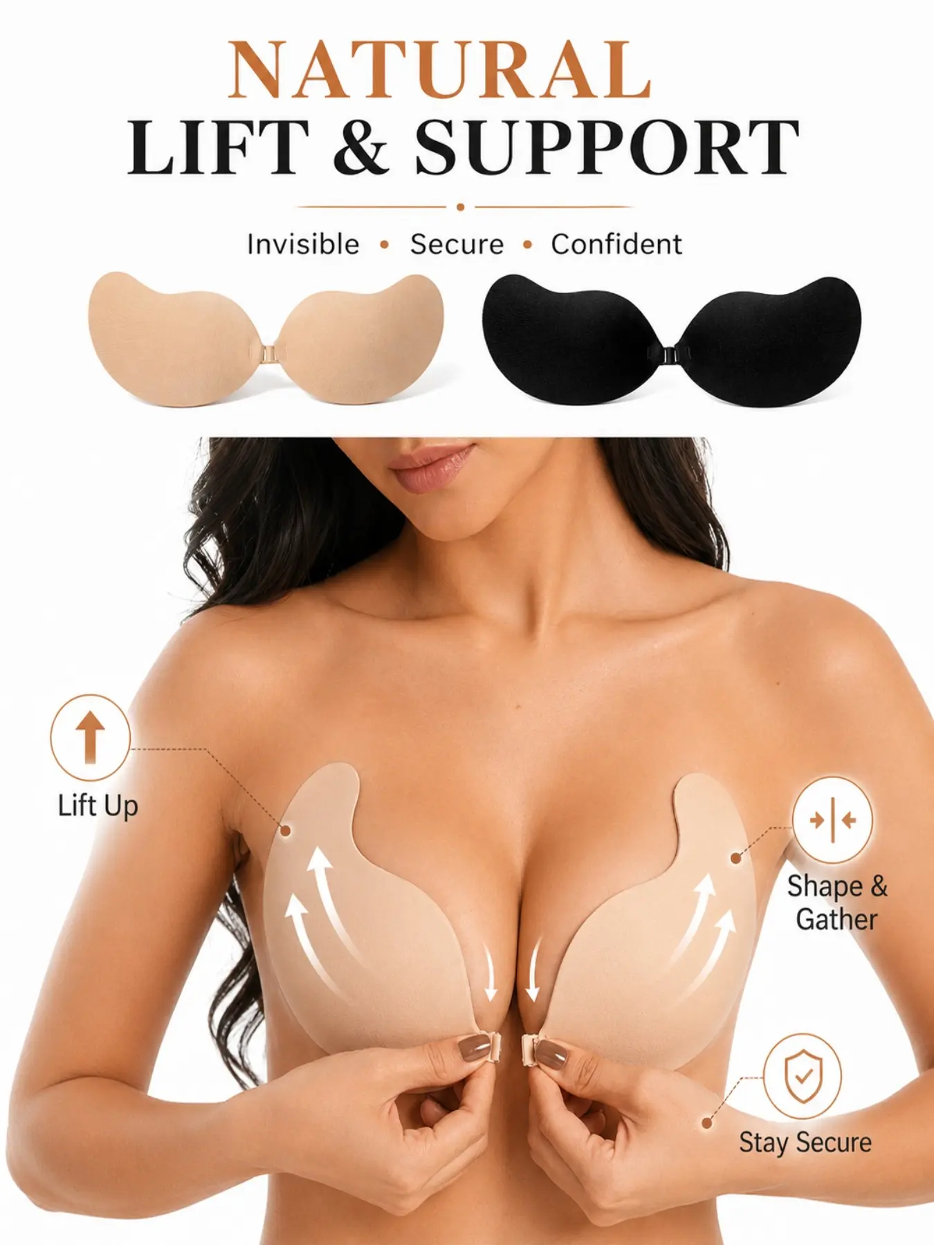 Reusable Invisible Adhesive Bra for Women, Strapless Backless Push Up Sticky Bra with Natural Lift and Secure Hold, Comfortable Bra Cups for Wedding, Cocktail Dress and Everyday Styling