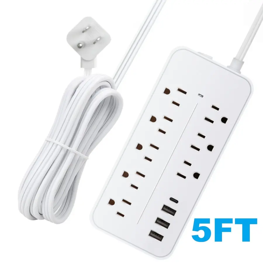 Power Strip Surge Protector, 8 Widely Outlets with 4 USB Ports (1 USB C), Multi Plug Wall Outlet Extender, 5FT Extension Cord Charging Station, Small Power Strip for Travel Home Office College Dorm