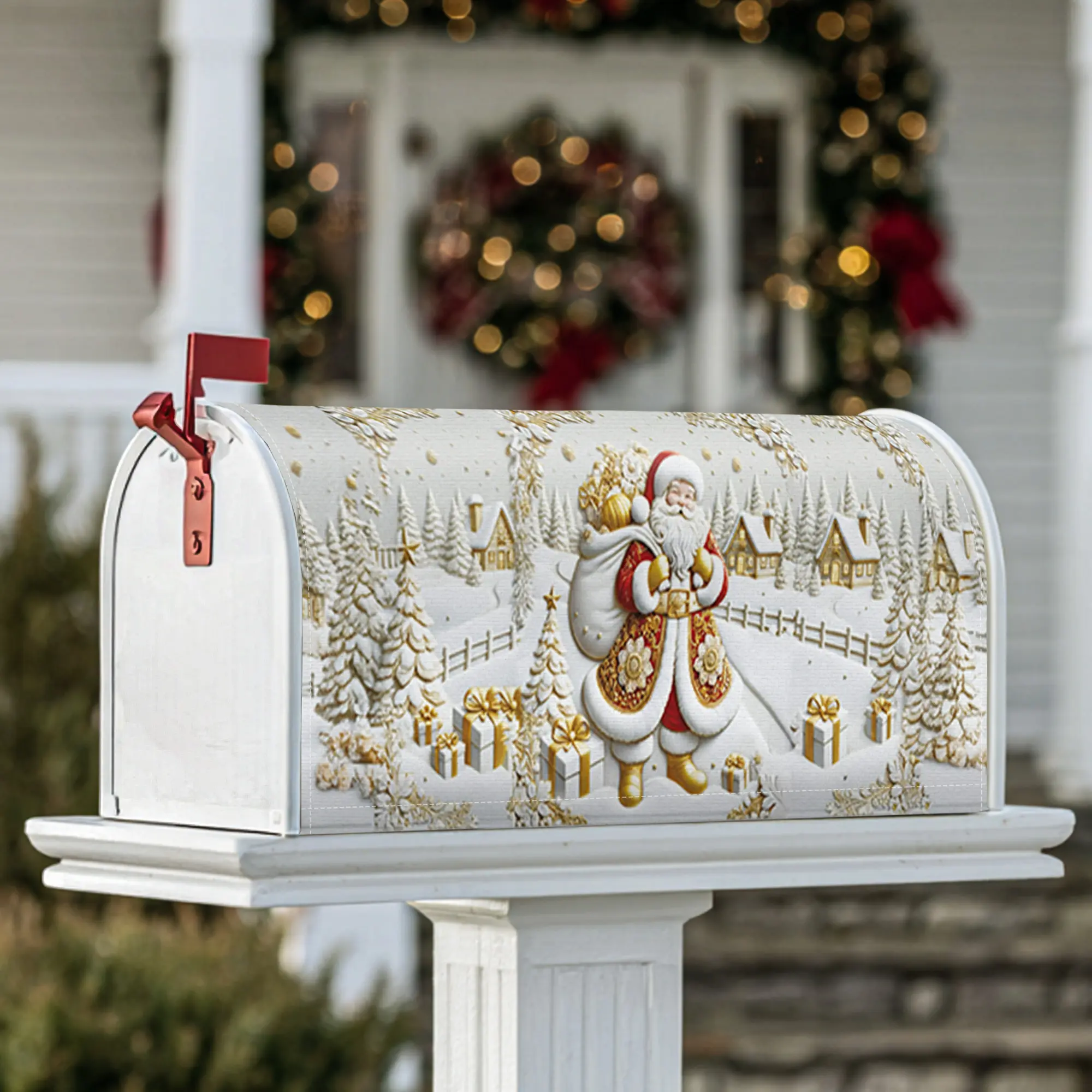Santa Magnetic Mailbox Covers, Christmas festive snow gifts Christmas red Decorative Mailbox Cover for Garden Yard Decor