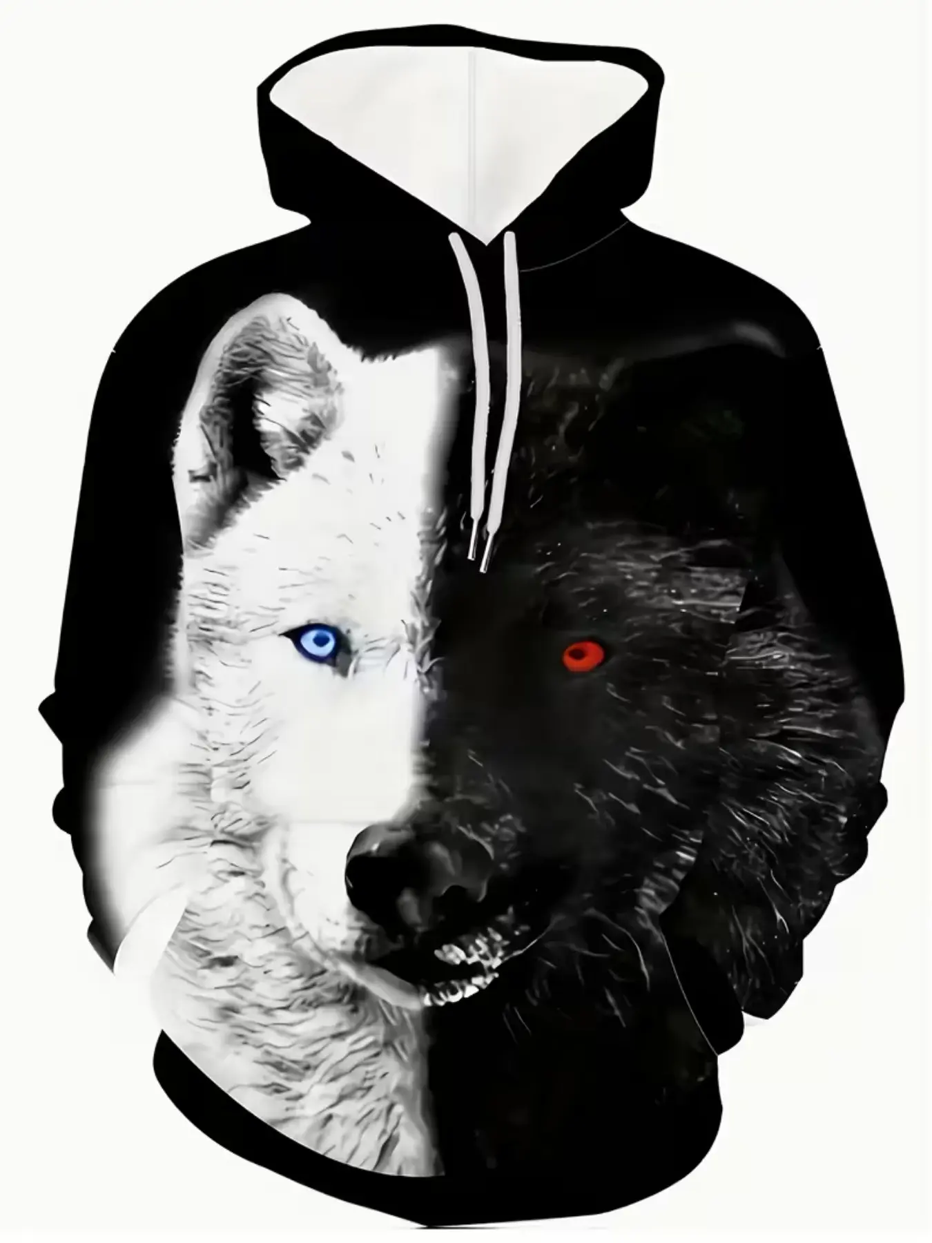 Digital Print Fashion Hoodie, Fall Sweatshirt, 3D Digital Print, Two-Tone Wolf Dog Pattern, Casual Fitted Clothing for All Seasons