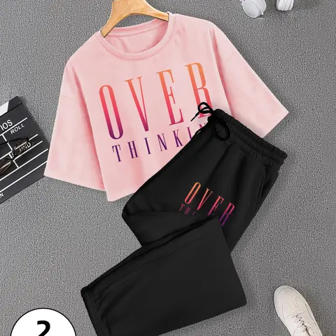 Sporty Women's Letter Print Short Sleeve Crop Tee & Drawstring Waist Sweatpants Sportswear Set, Ladies Sportswear for Indoor Outdoor Wear, Sweatsuit, Sport Casual Outfit