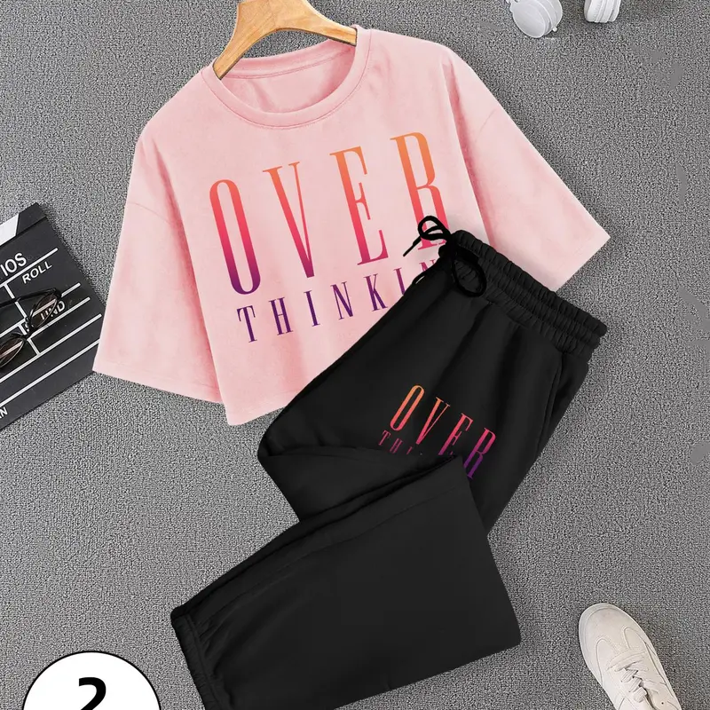 Sporty Women's Letter Print Short Sleeve Crop Tee & Drawstring Waist Sweatpants Sportswear Set, Ladies Sportswear for Indoor Outdoor Wear, Sweatsuit, Sport Casual Outfit