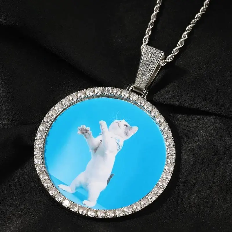 IH Iced Out Round Custom Photo Pendant Necklace 18K Gold Plated Natural Sri Lanka Zircon Hip Hop Miami Memory Gift Unisex